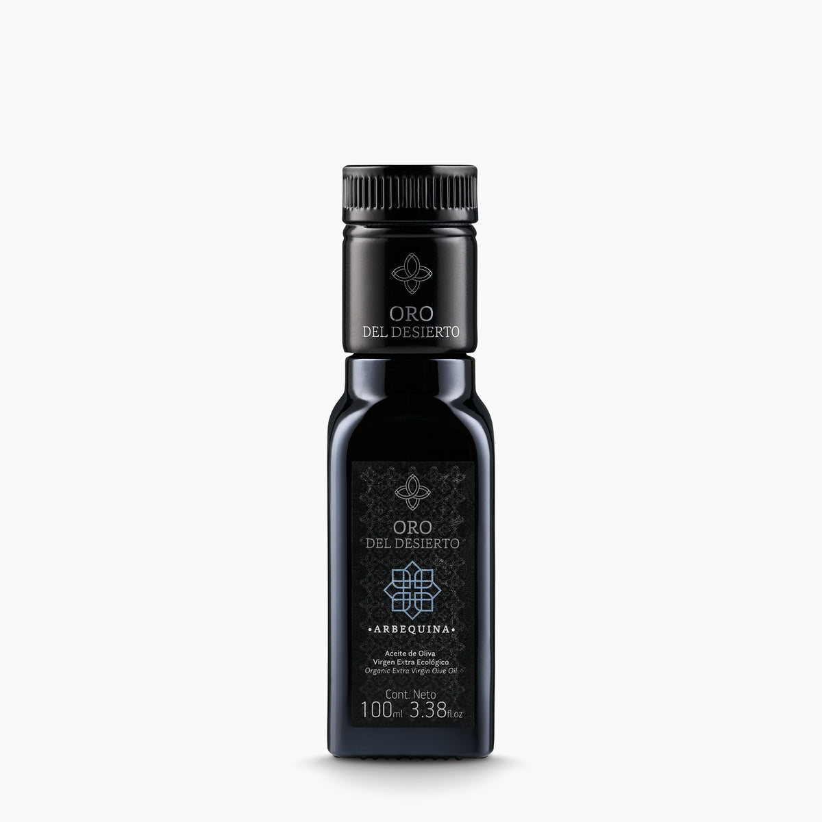 100 ml bottle of Oro del Desierto Organic Arbequina extra virgin olive oil from Spain.