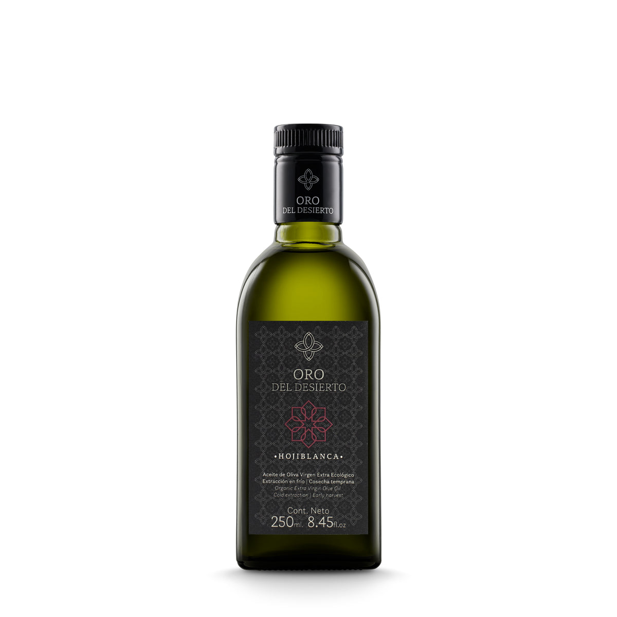 250 ml bottle of Oro del Desierto Organic Hojiblanca extra virgin olive oil from Andalusia, Spain.