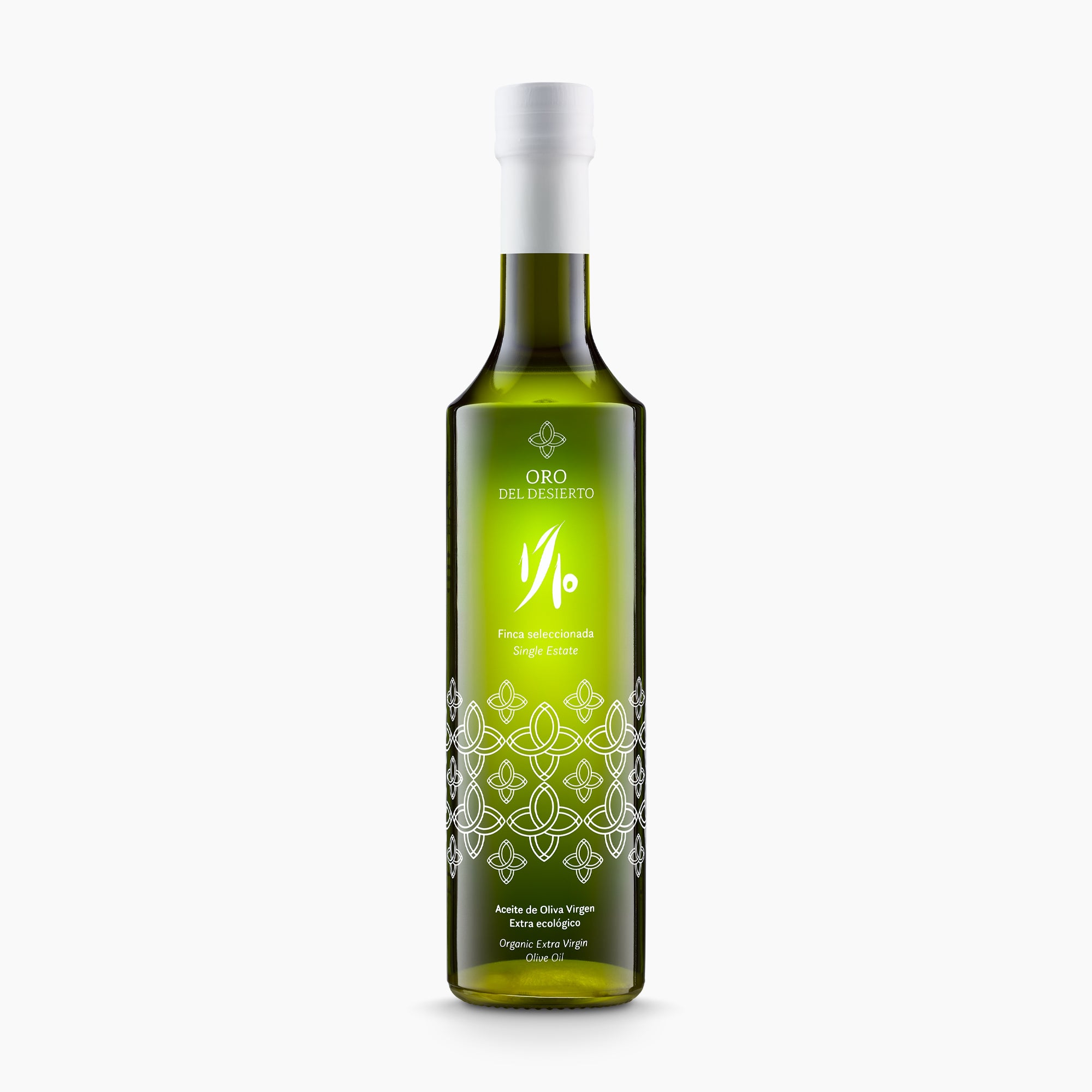 500ml Oro del Desierto Organic 1/10 Novello olive oil bottle.