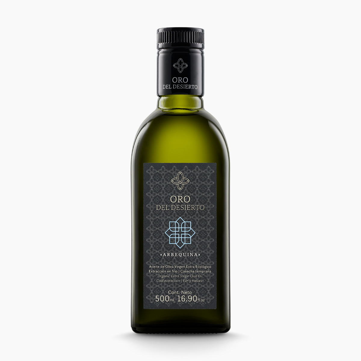 500 ml bottle of Oro del Desierto Organic Arbequina extra virgin olive oil from Andalusia, Spain.
