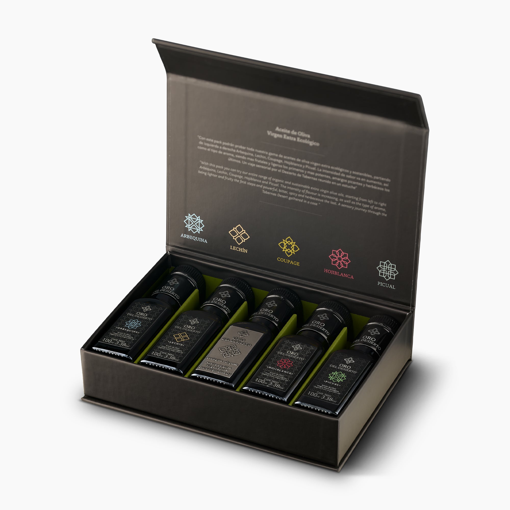 Open Oro del Desierto Organic Deluxe Gift Set with five 100 ml Spanish extra virgin olive oils.