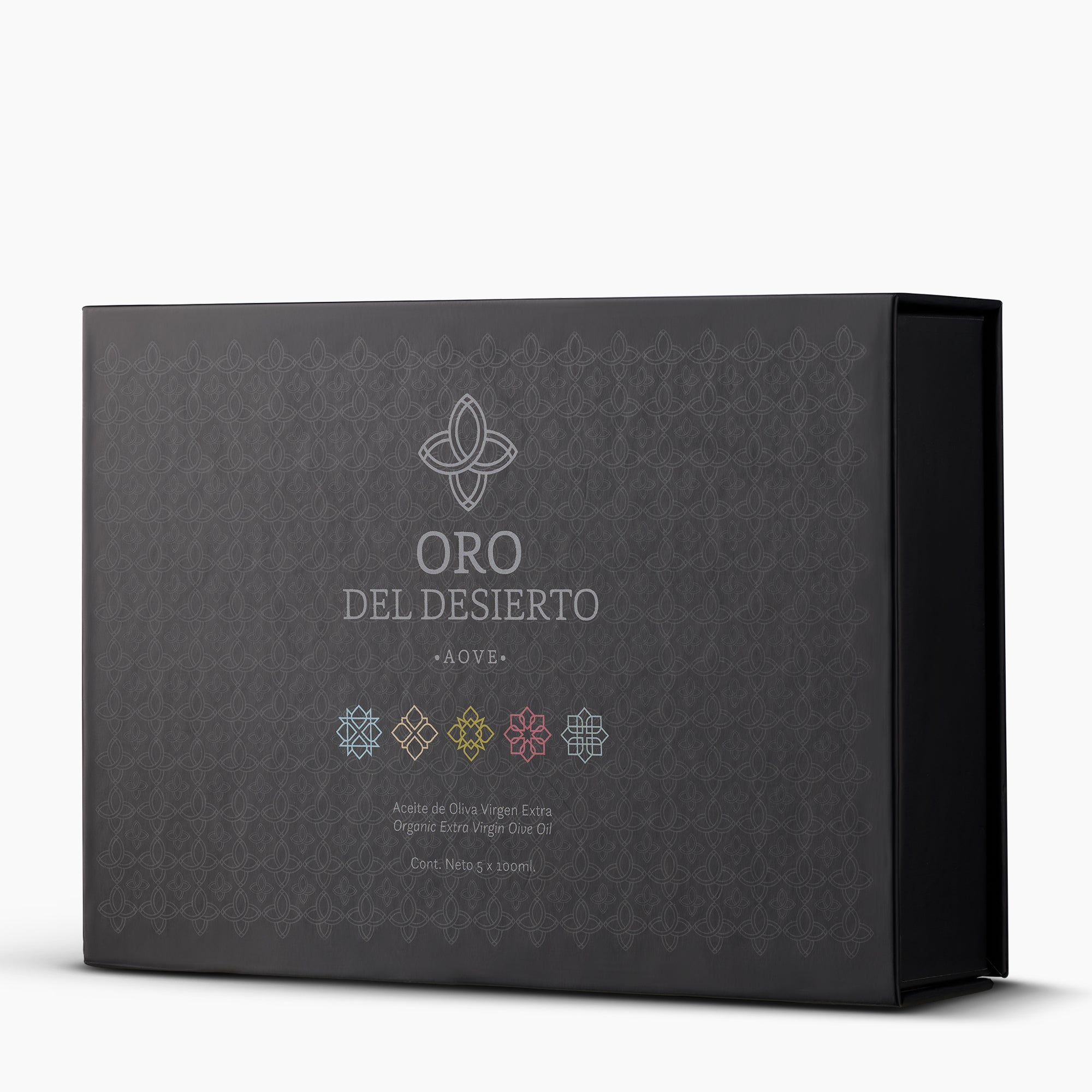 Εlegant gift box containing five 100 ml bottles of Oro del Desierto Organic extra virgin olive oil.