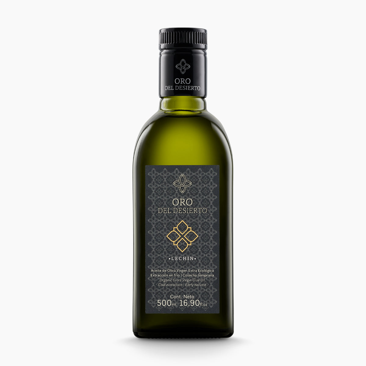 A 500 ml bottle of Oro del Desierto Organic Lechin extra virgin olive oil.