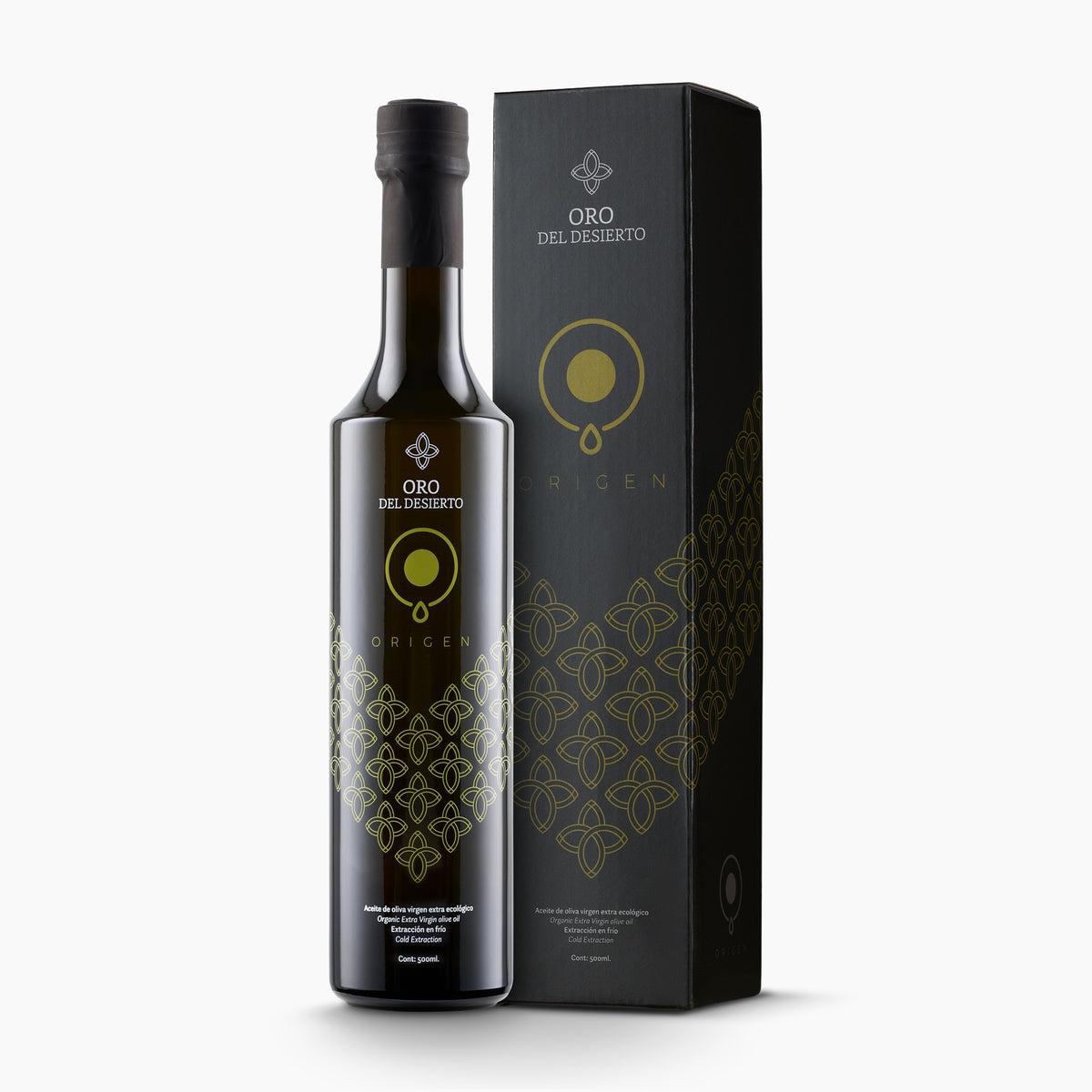 A 500 ml bottle of Oro del Desierto Organic Origen extra virgin olive oil, and its gift box.