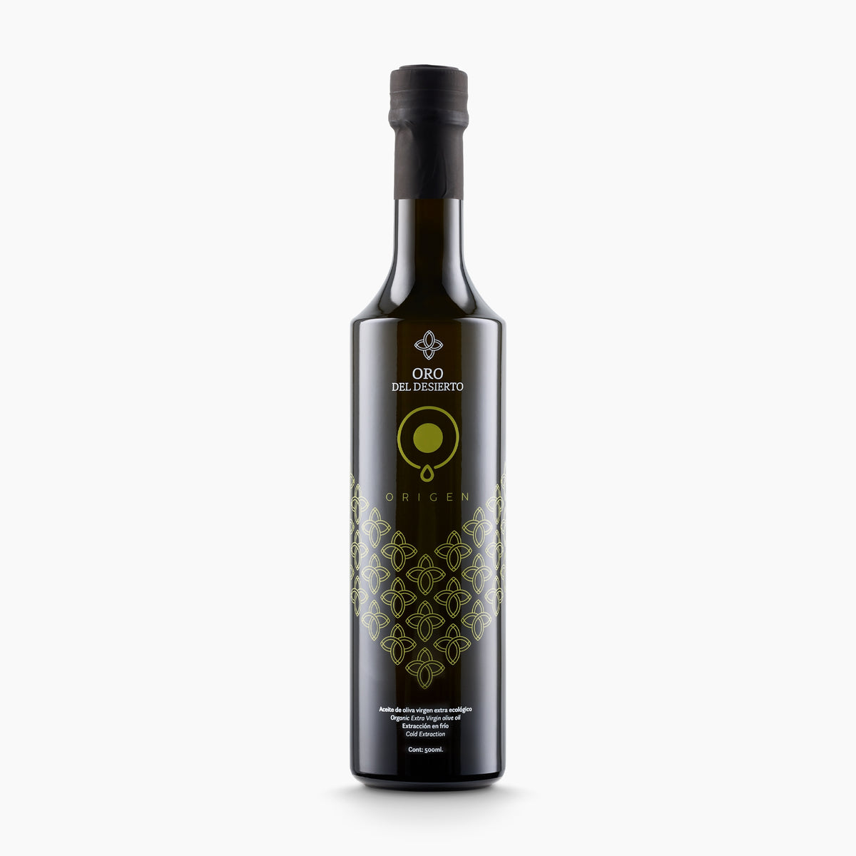 500 ml bottle of Oro del Desierto Organic Origen extra virgin olive oil, from Andalusia, Spain.
