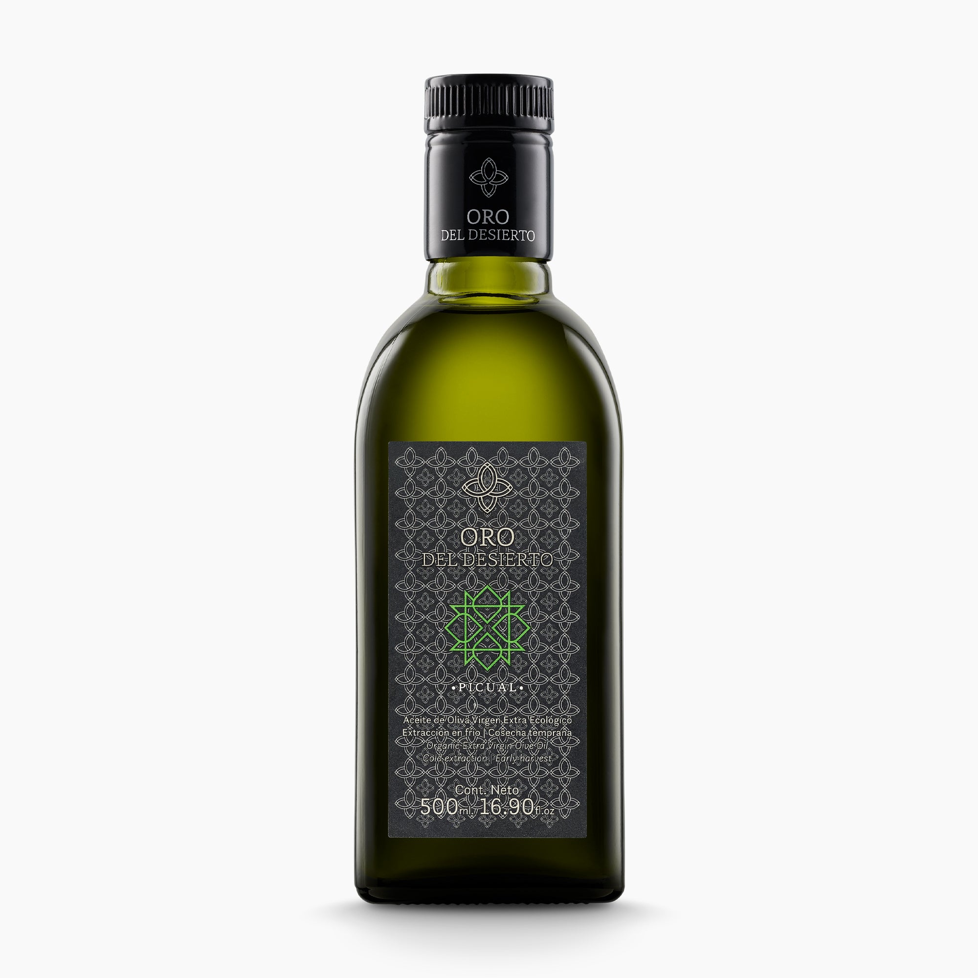 Oro del Desierto Picual organic extra virgin olive oil bottle, 500 ml, from Andalusia, Spain.