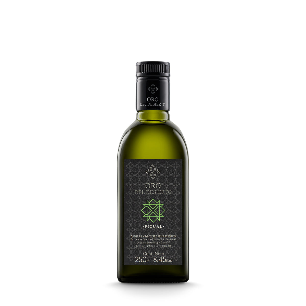 250 ml bottle of Oro del Desierto Organic Picual extra virgin olive oil from Andalusia, Spain.
