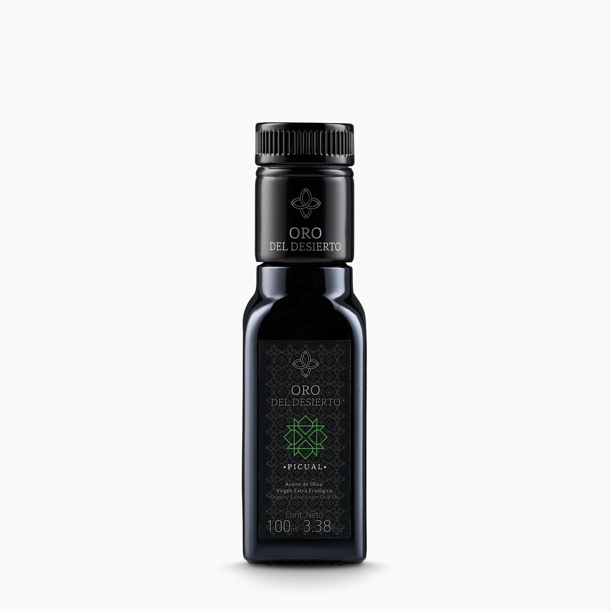 100 ml bottle of Oro del Desierto Organic Picual extra virgin olive oil from Spain.