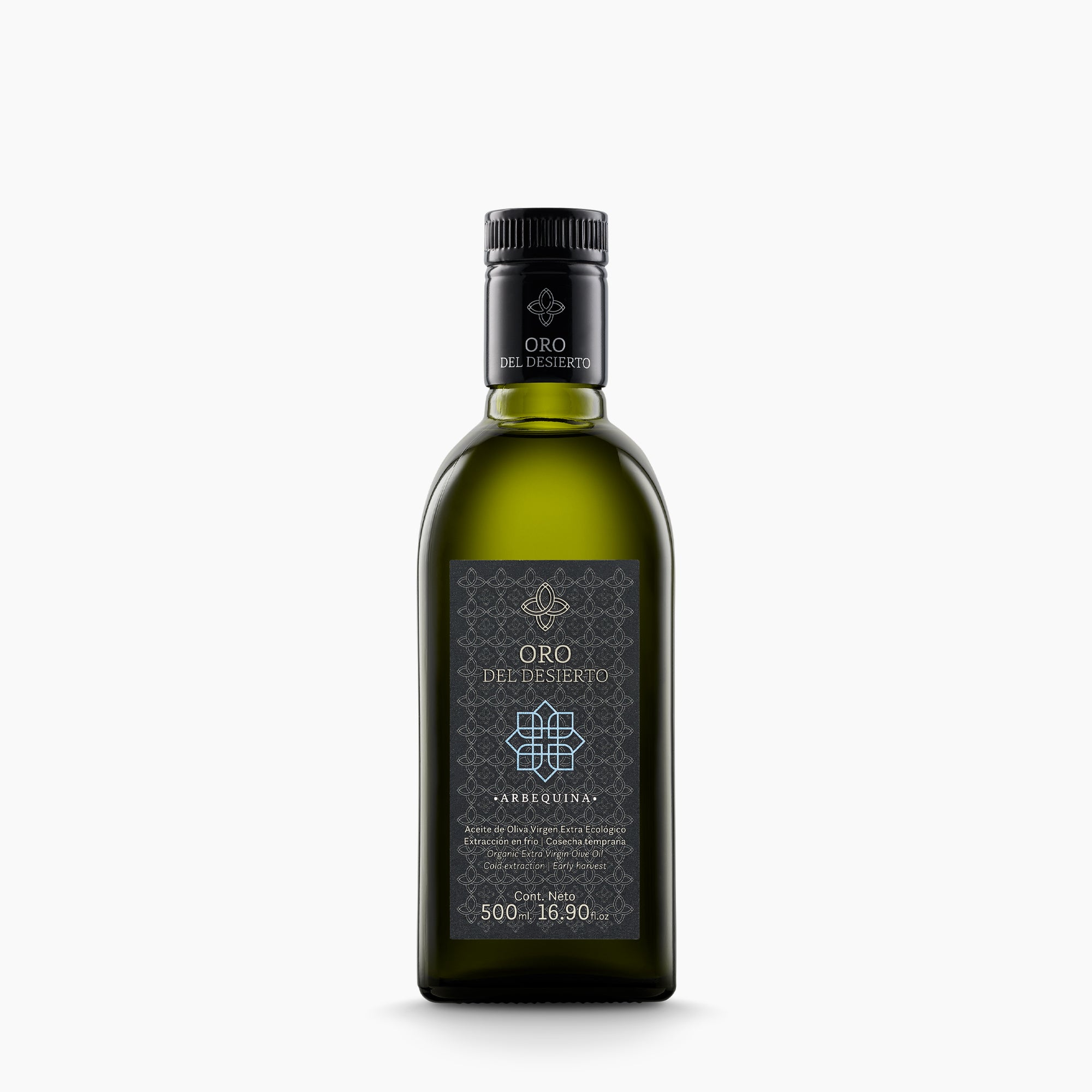 500 ml bottle of Oro del Desierto Organic Arbequina extra virgin olive oil from Andalusia, Spain.