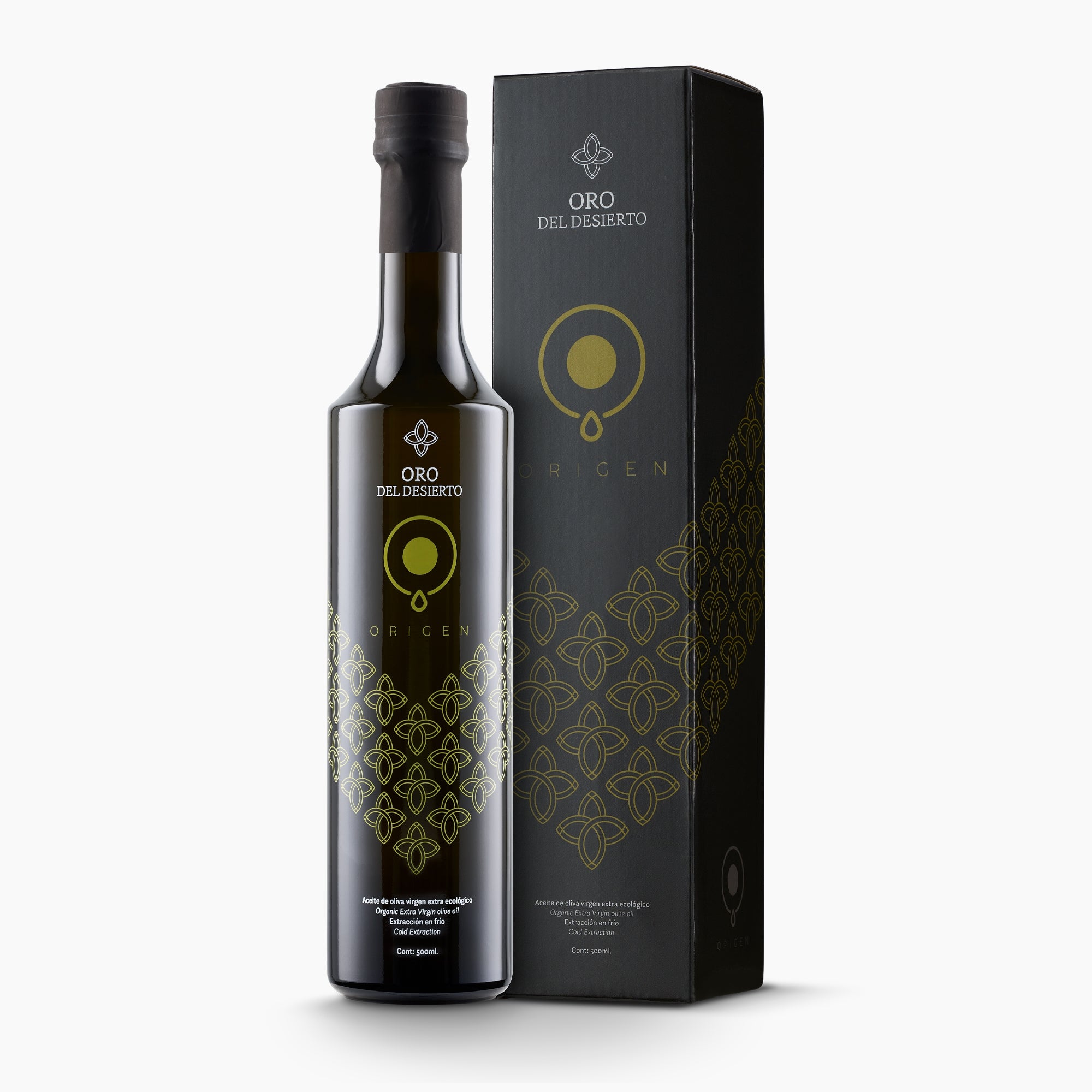A 500 ml bottle of Oro del Desierto Organic Origen extra virgin olive oil, and its gift box.