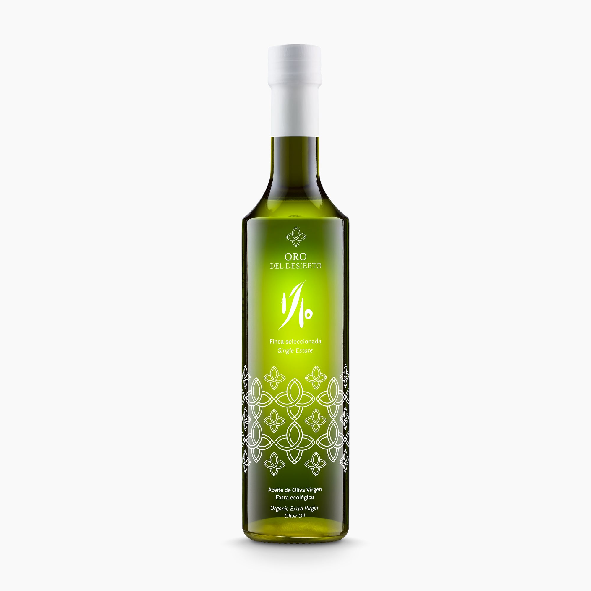 500ml Oro del Desierto Organic 1/10 Novello olive oil bottle.