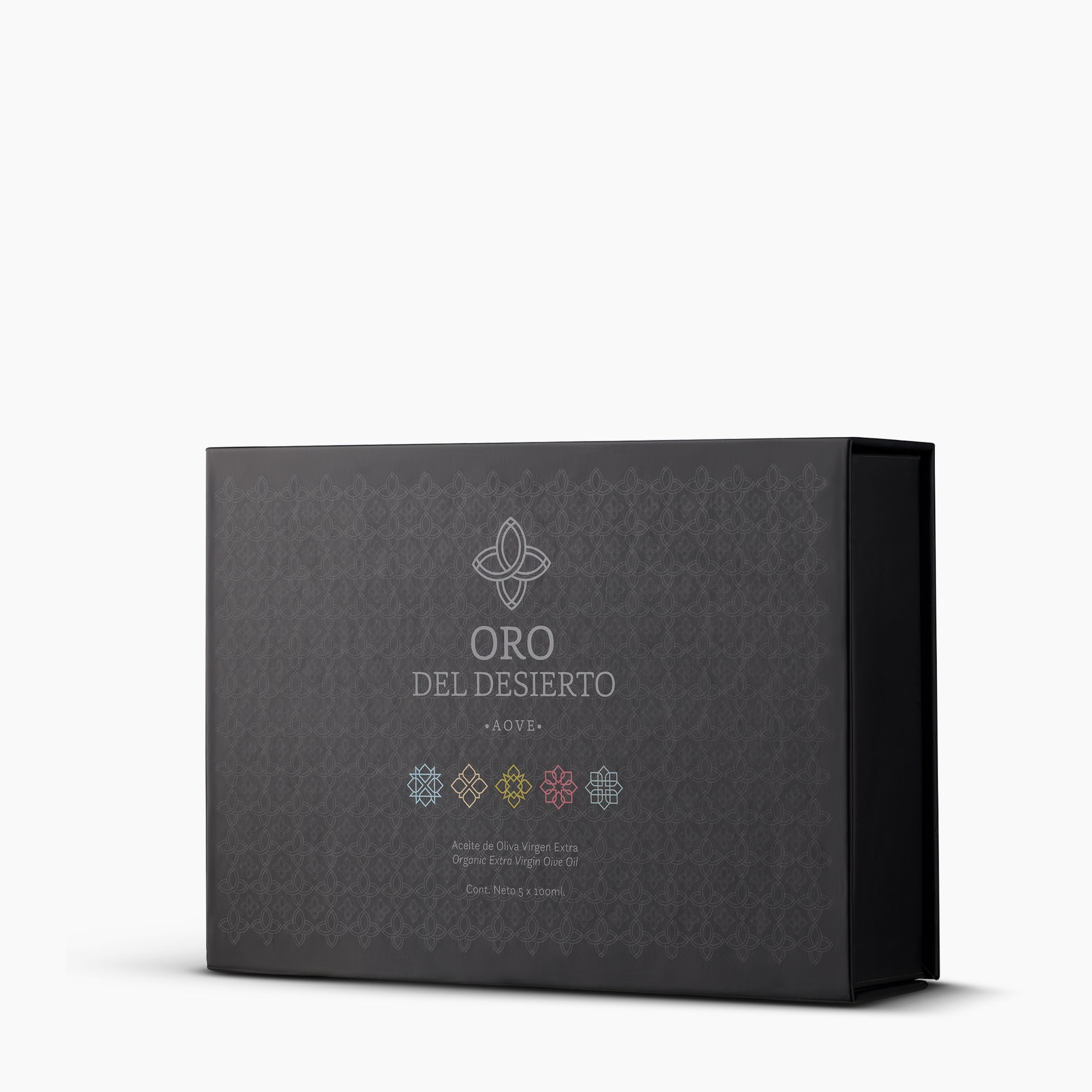 Εlegant gift box containing five 100 ml bottles of Oro del Desierto Organic extra virgin olive oil.