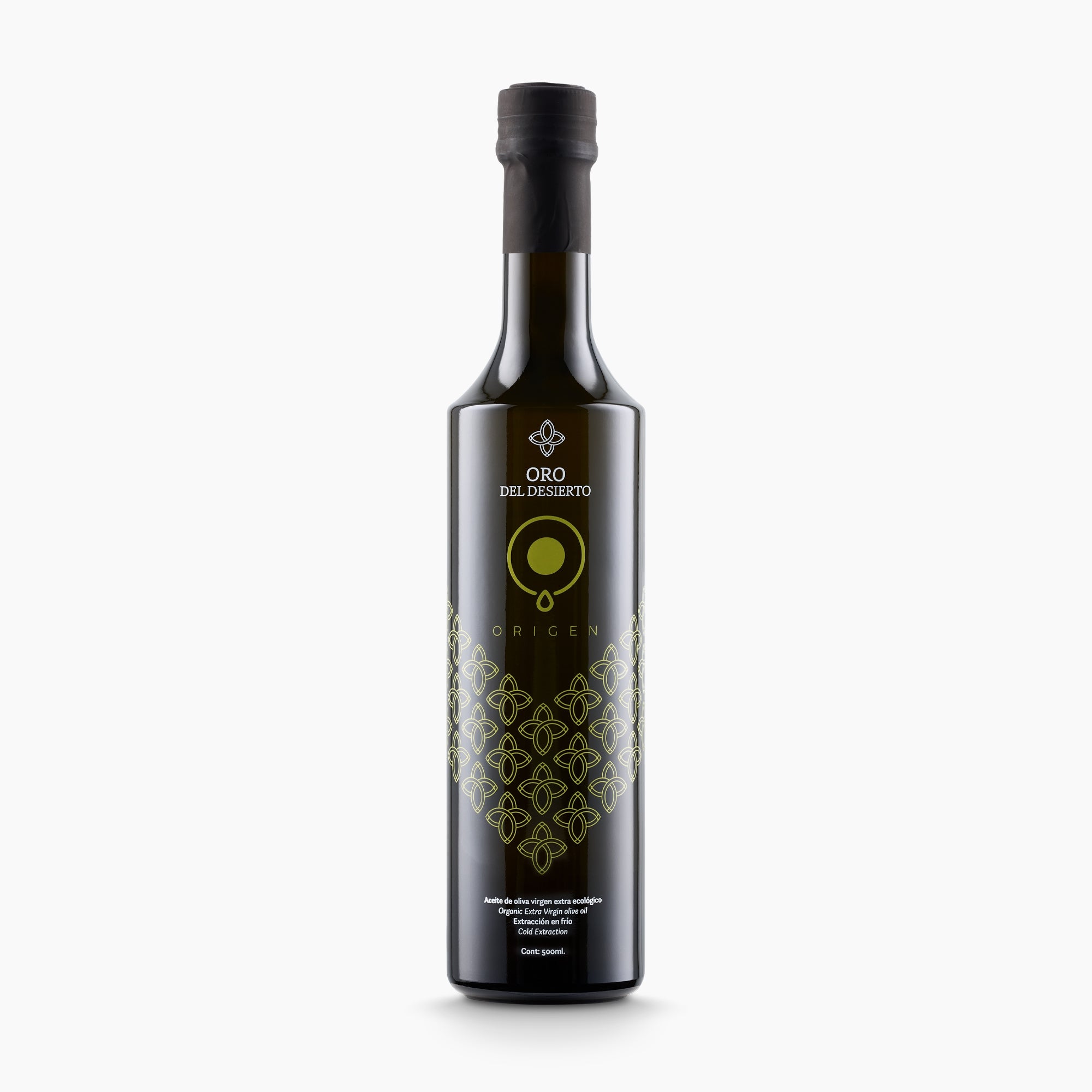 500 ml bottle of Oro del Desierto Organic Origen extra virgin olive oil, from Andalusia, Spain.