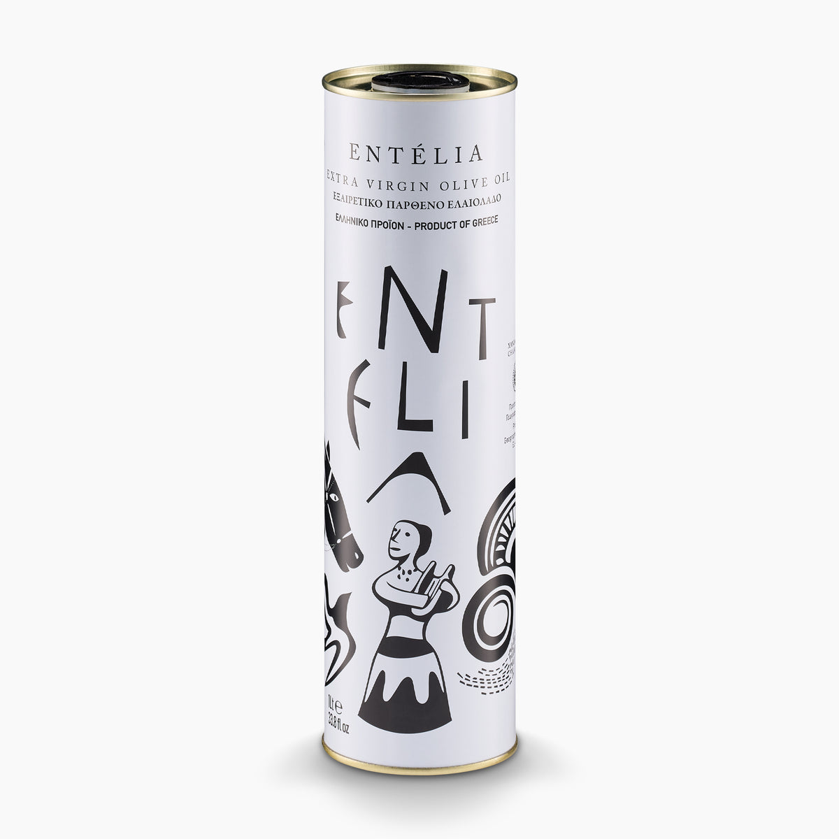 Entelia 1L extra virgin olive oil can from Crete, Greece.