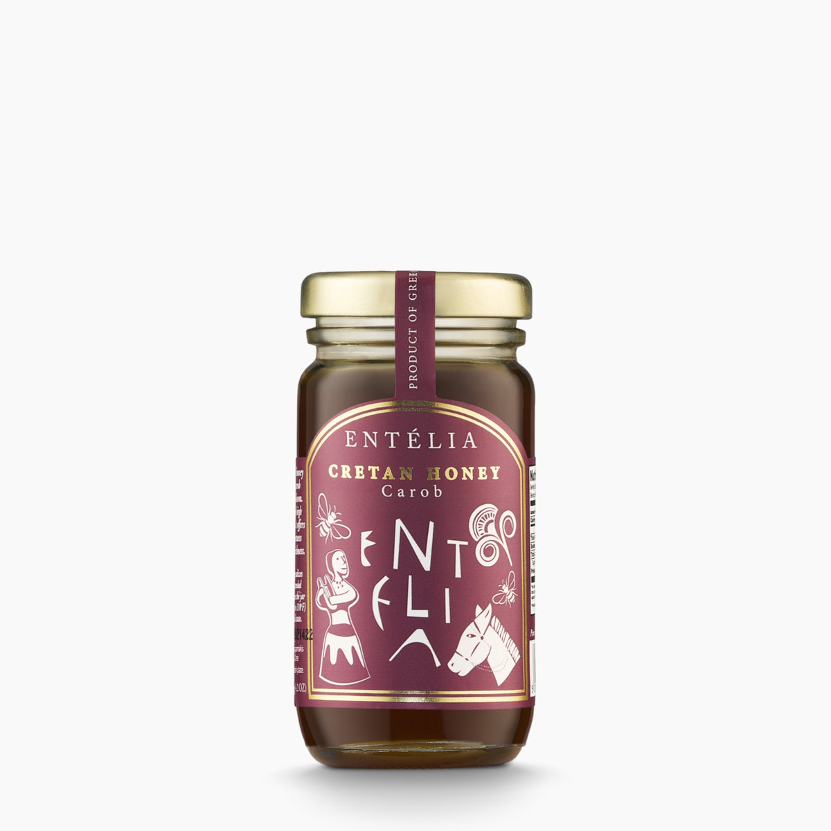 Entelia Carob Cretan Honey in a 100 g glass jar.