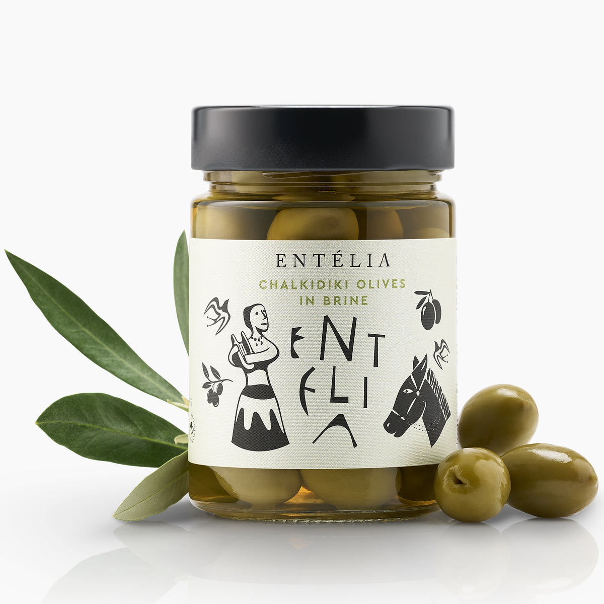 Entelia Chalkidiki Olives in Brine jar, three olives and olive branches.