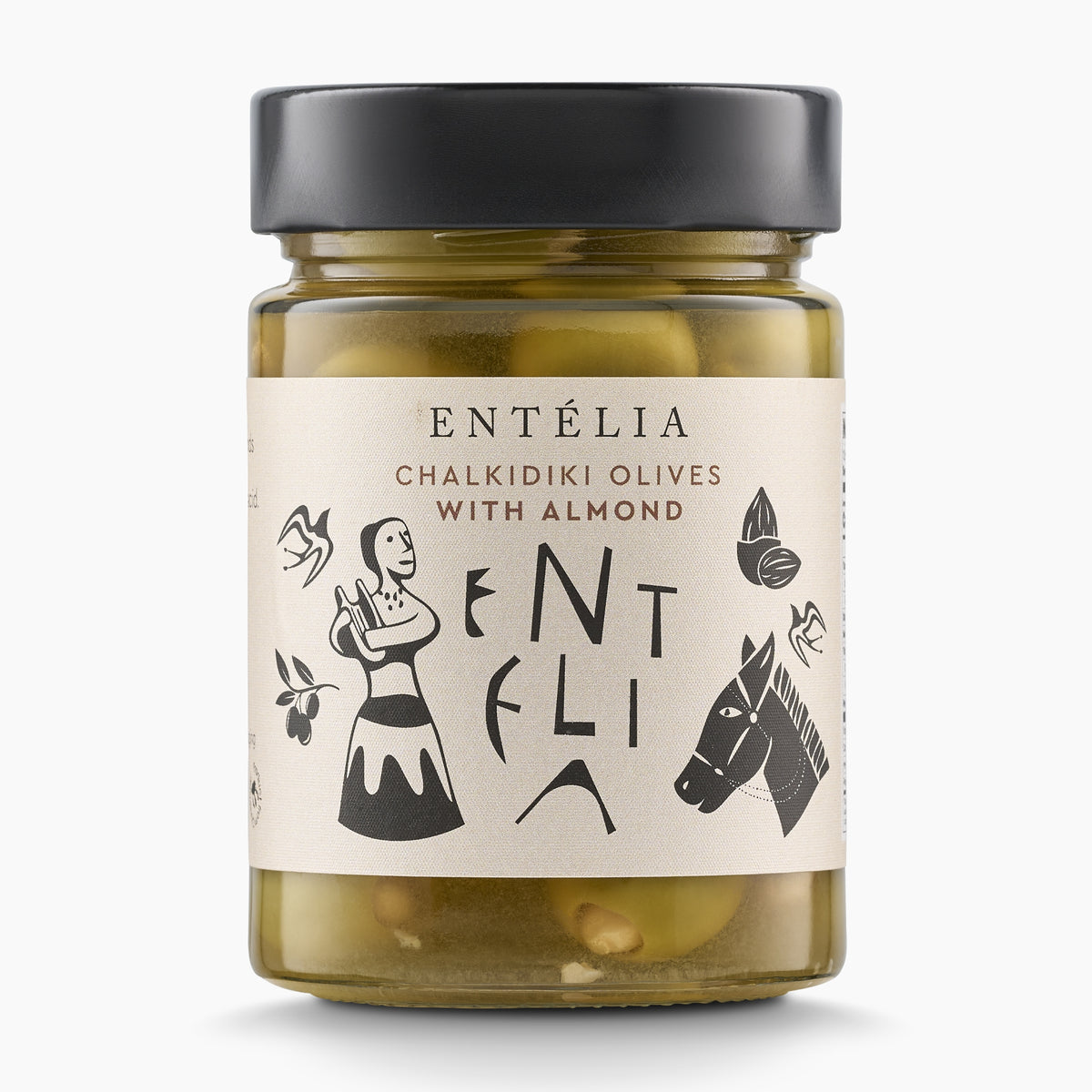 360g jar of Entelia Chalkidiki Olives with Almonds from Greece.