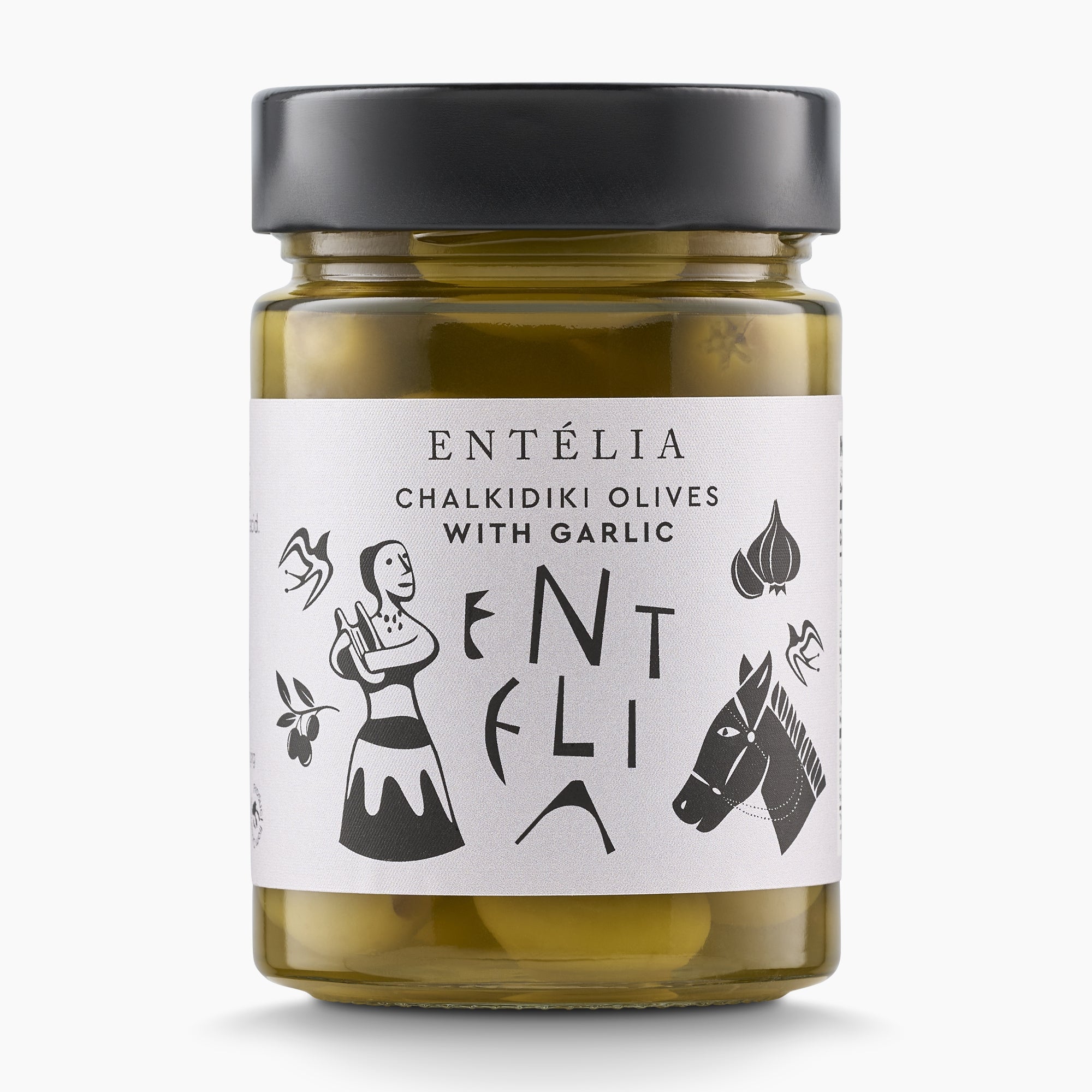 360g jar of Entelia Chalkidiki Olives with Garlic from Greece.