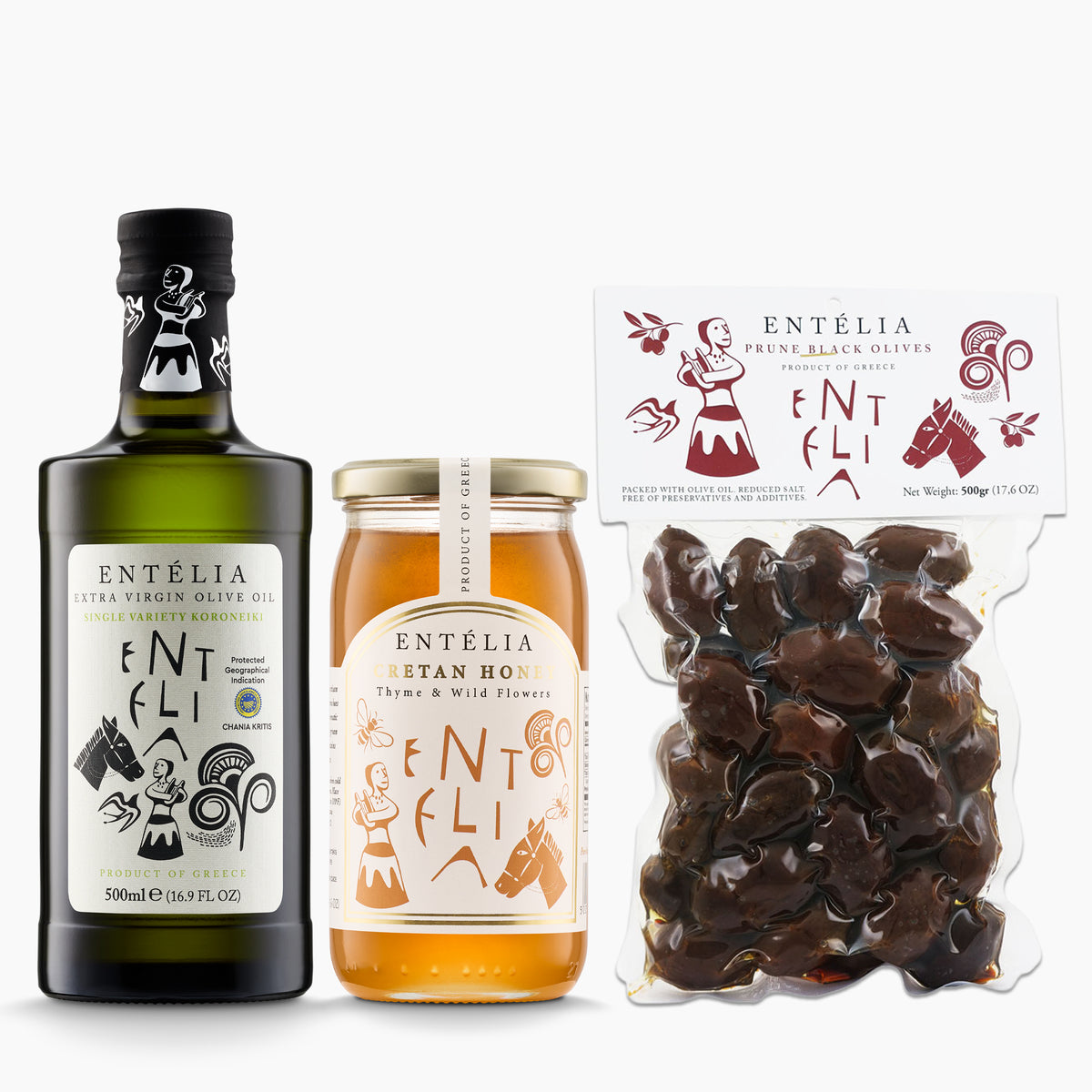 Entelia Kitchen Pack set with extra virgin olive oil, Cretan Honey, and Prune Black Olives.