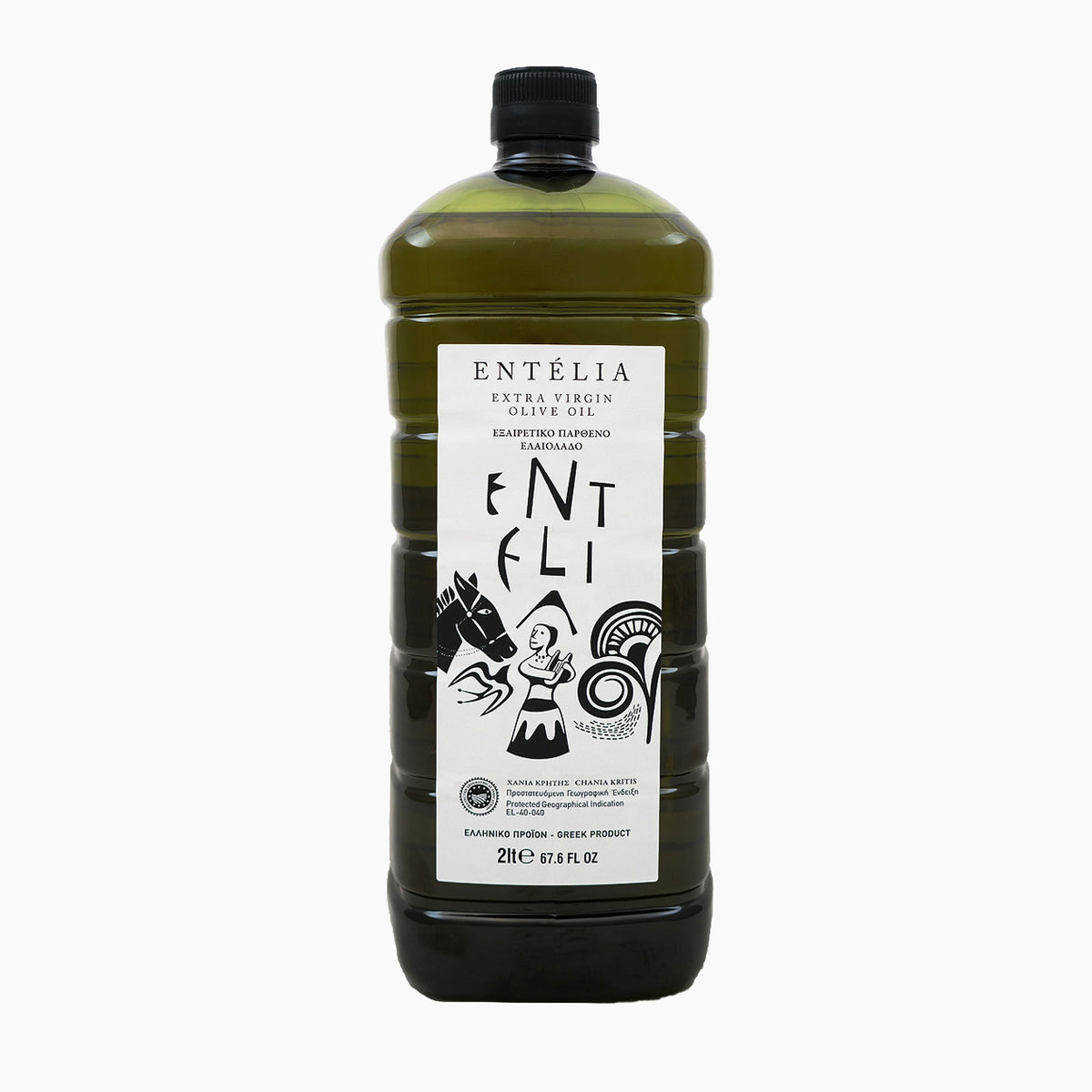 A 2L bottle of Entelia extra virgin olive oil from Crete, Greece.