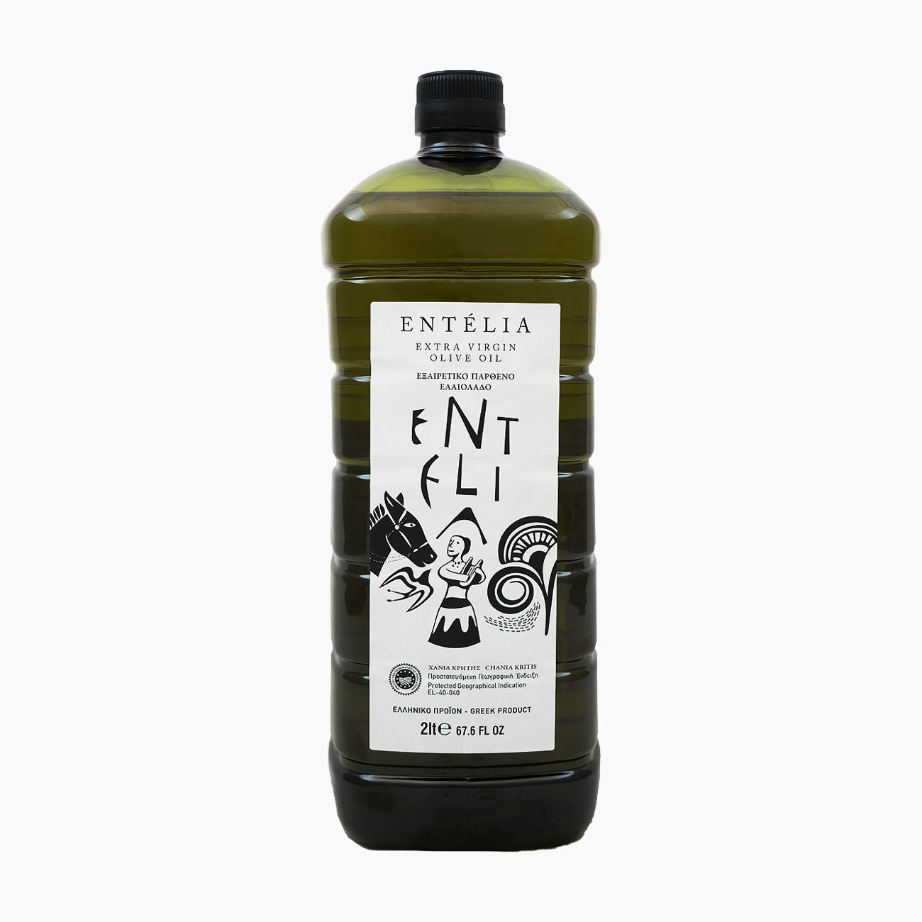 A 2L bottle of Entelia extra virgin olive oil from Crete, Greece.