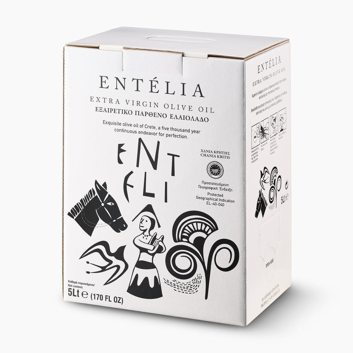 Angled view of Entelia 5L bag-in-box extra virgin olive oil.