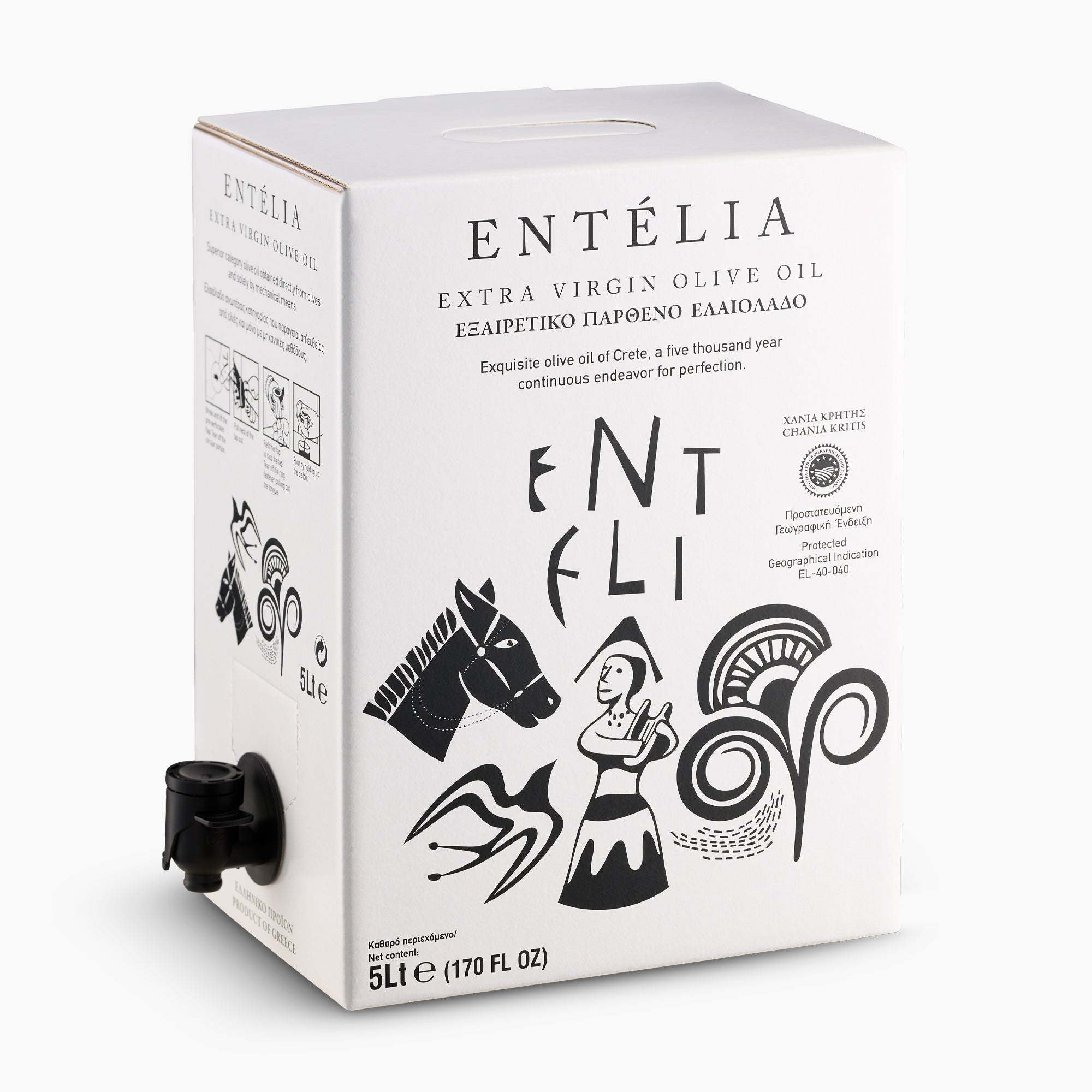 Entelia 5L bag-in-box extra virgin olive oil with a spout.
