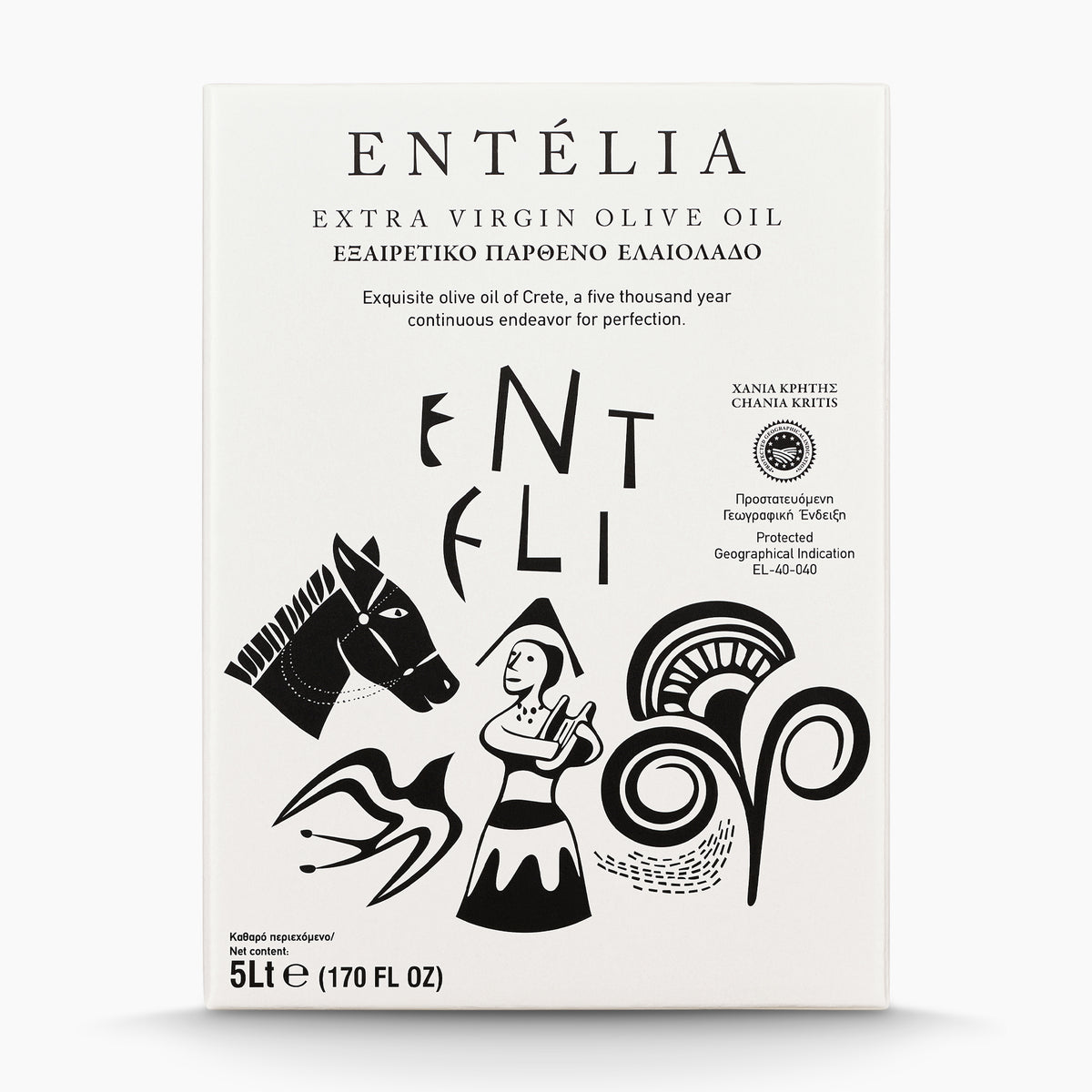 Front view of Entelia 5L bag-in-box extra virgin olive oil.