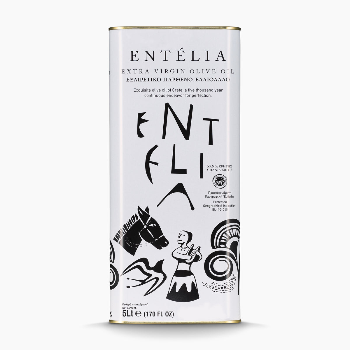 5L Tin of Entelia extra virgin olive oil from Crete, Greece.
