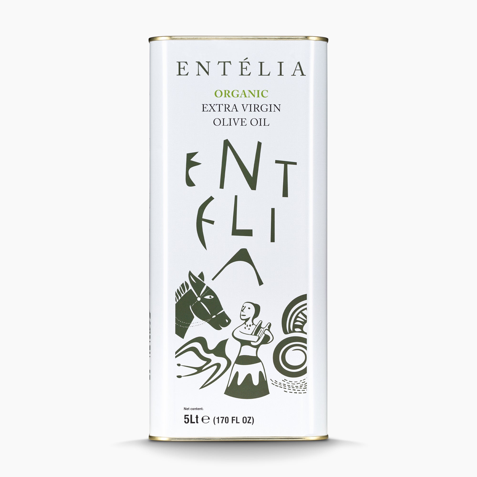A 5L Tin of Entelia Organic extra virgin olive oil from Crete, Greece.