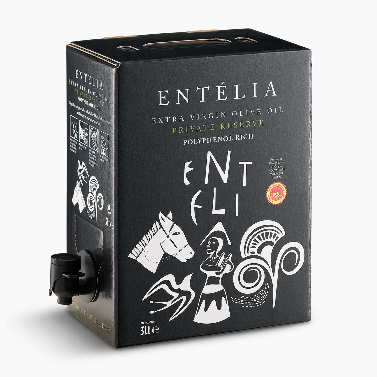 Entelia Private Reserve PDO Kolymvari 3L bag-in-box from Crete with dispensing spout extended.