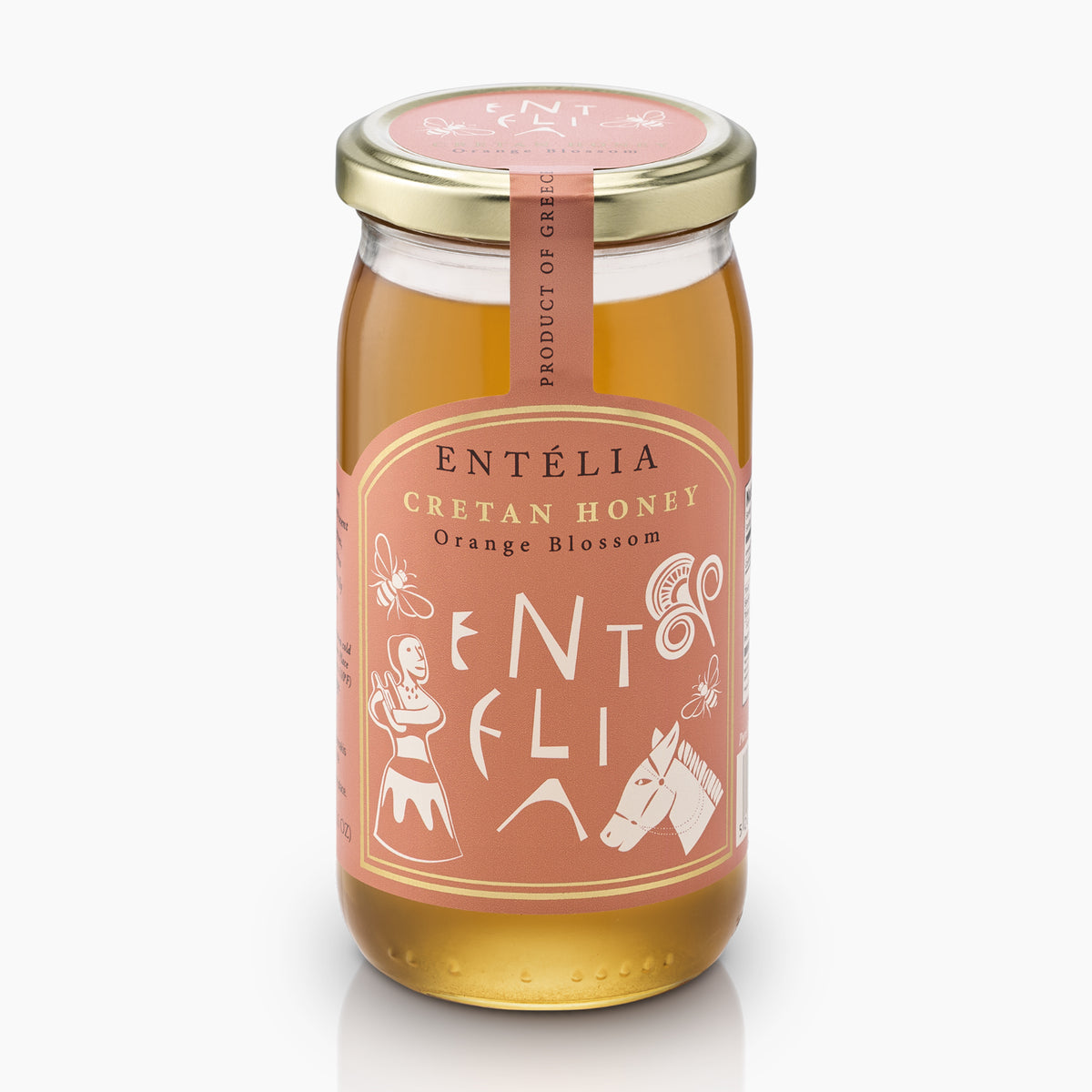 Angled view of 450g jar of Entelia Orange Blossom Cretan Honey from Greece.