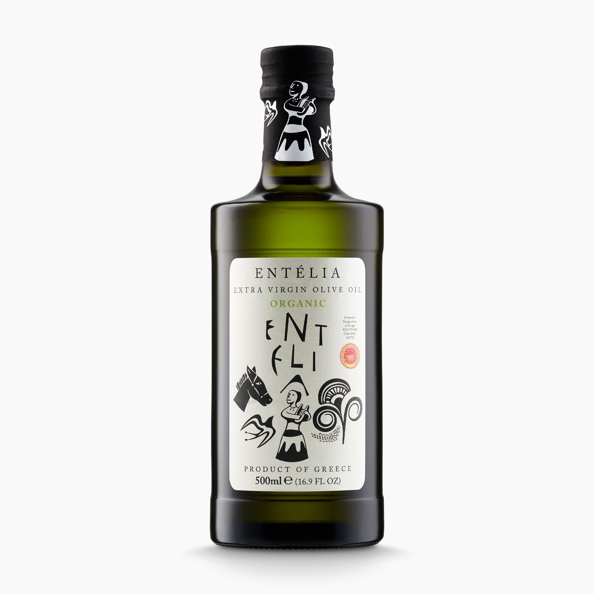500 ml Entelia Organic extra virgin olive oil in a dark bottle.