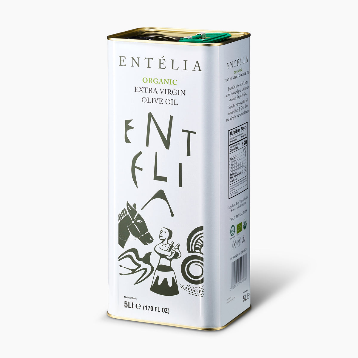 Angled view of Entelia Organic 5L Tin extra virgin olive oil.