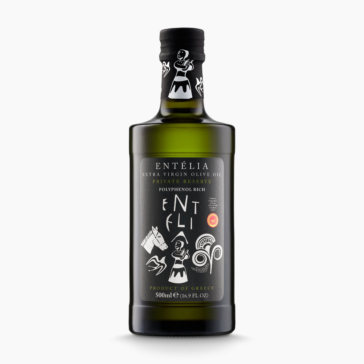 500ml Entelia Private Reserve extra virgin olive oil in a dark glass bottle.