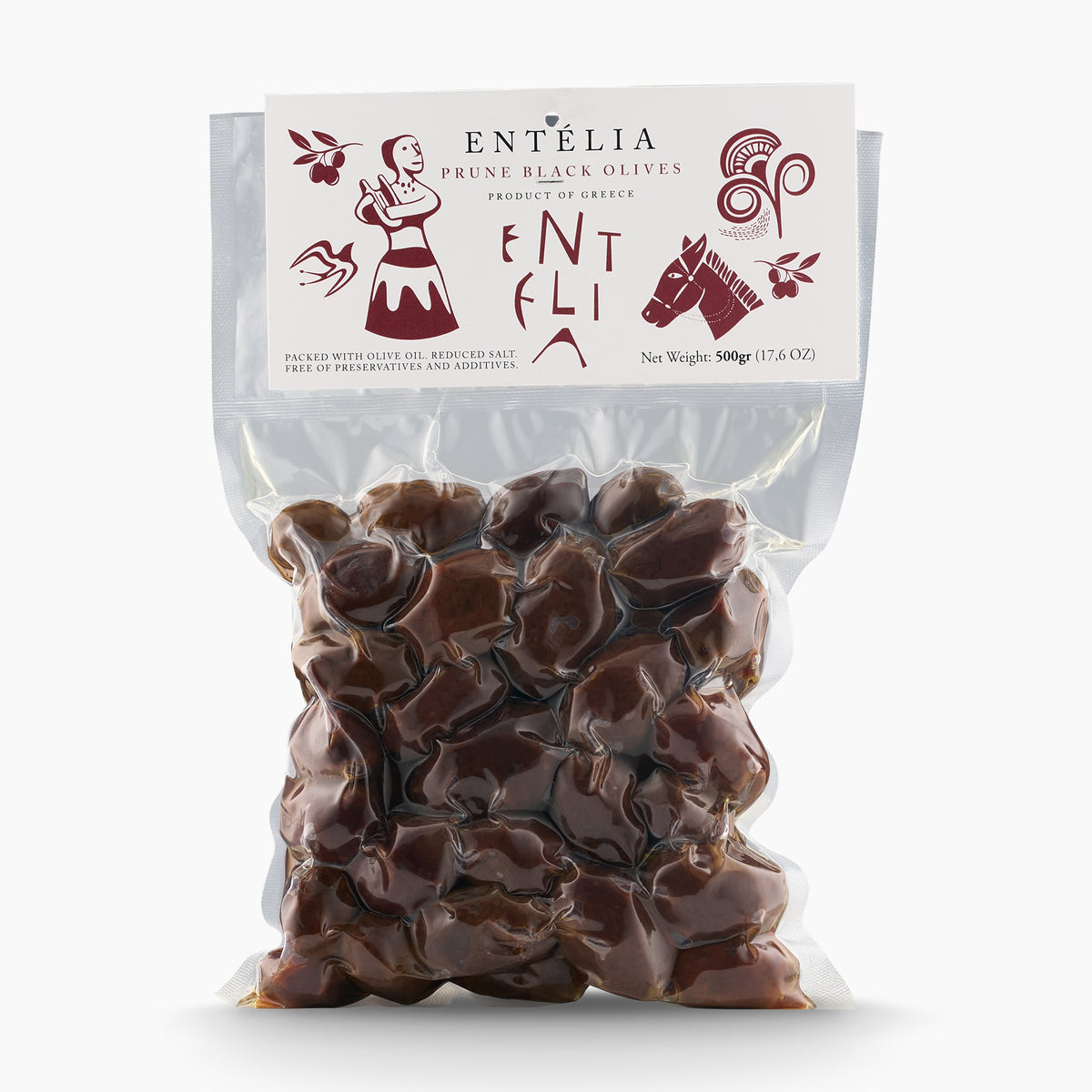 500gr vacuum bag of Entelia Prune Black Olives from Greece.