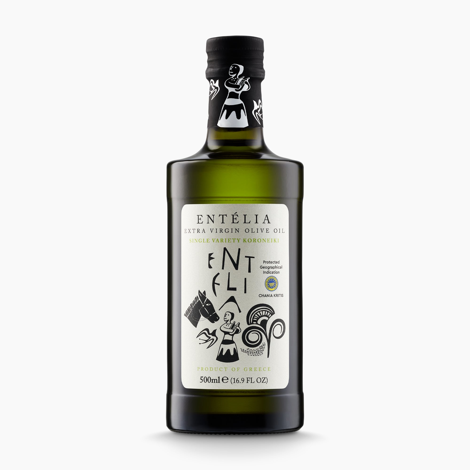 500ml Entelia single-variety Koroneiki extra virgin olive oil bottle.