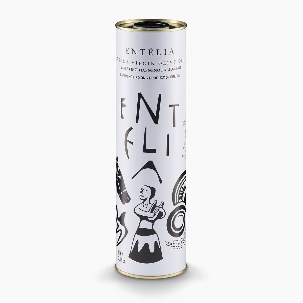 Entelia 1L extra virgin olive oil can from Crete, Greece.