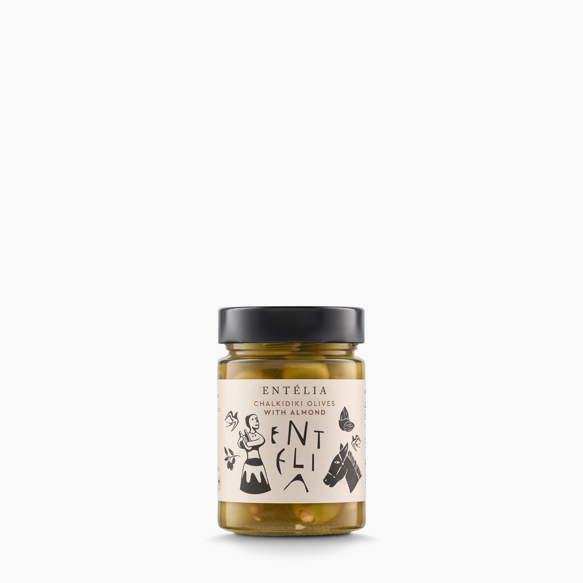 360g jar of Entelia Chalkidiki Olives with Almonds from Greece.
