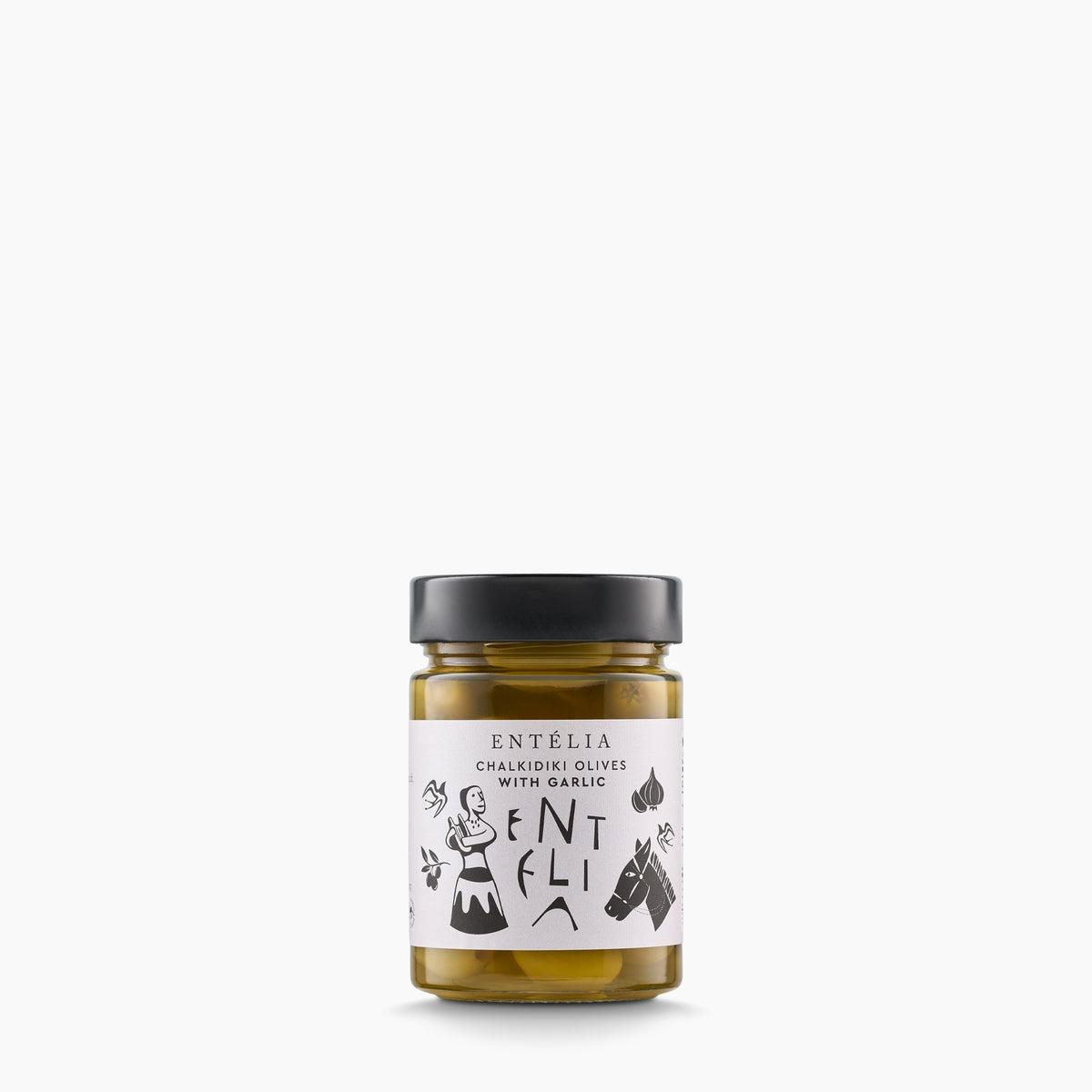 360g jar of Entelia Chalkidiki Olives with Garlic from Greece.