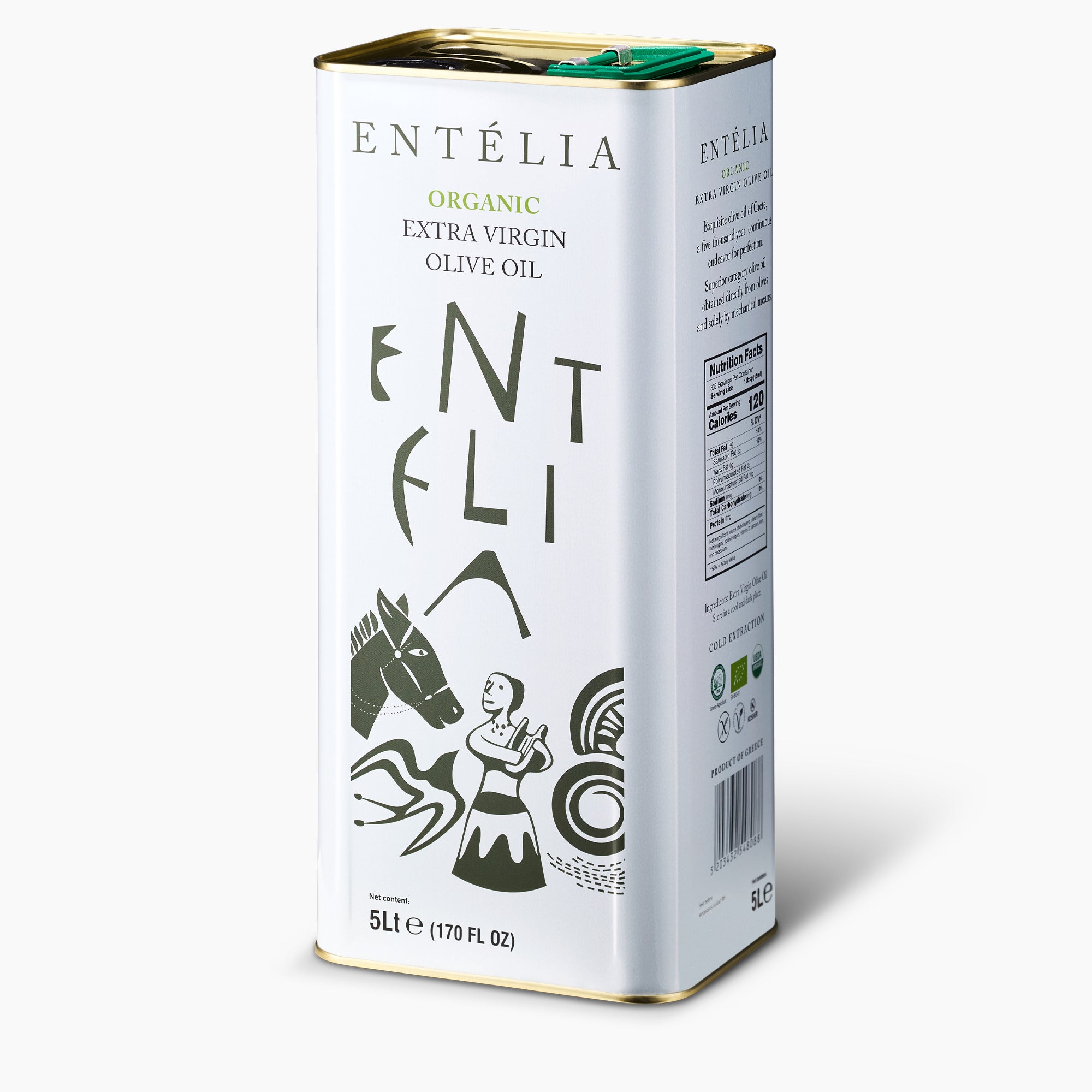 Angled view of Entelia Organic 5L Tin extra virgin olive oil.