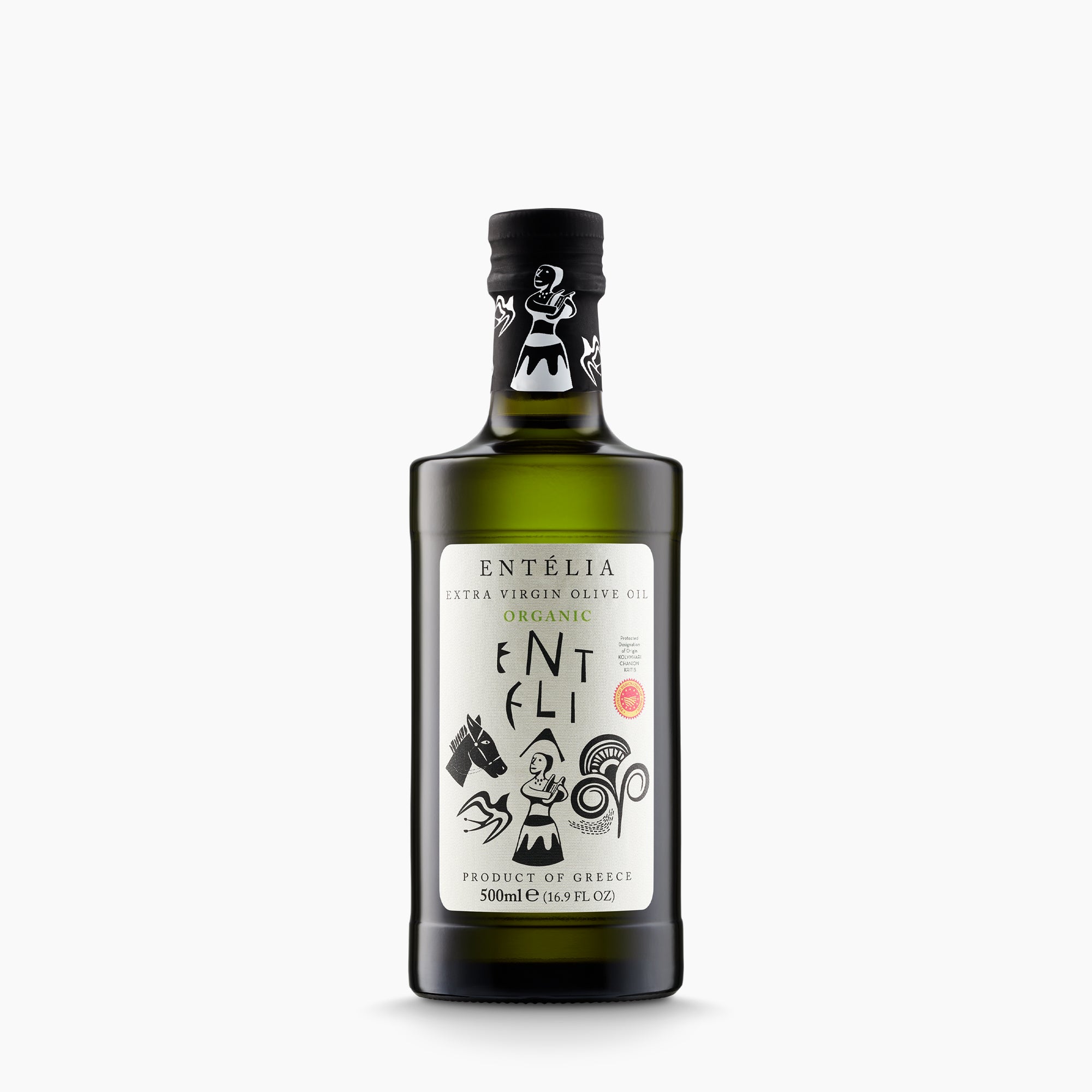 500 ml Entelia Organic extra virgin olive oil in a dark bottle.