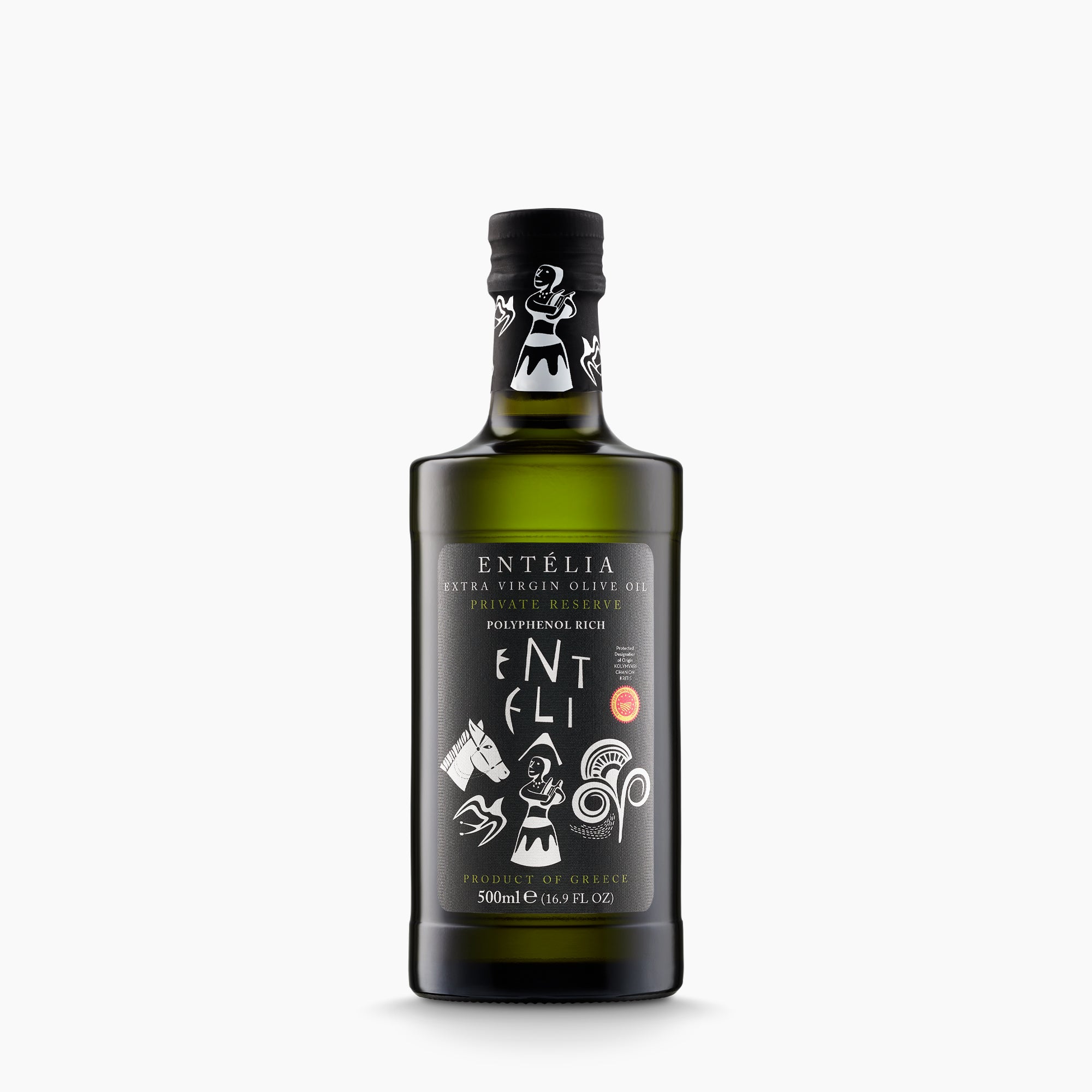 500ml Entelia Private Reserve extra virgin olive oil in a dark glass bottle.