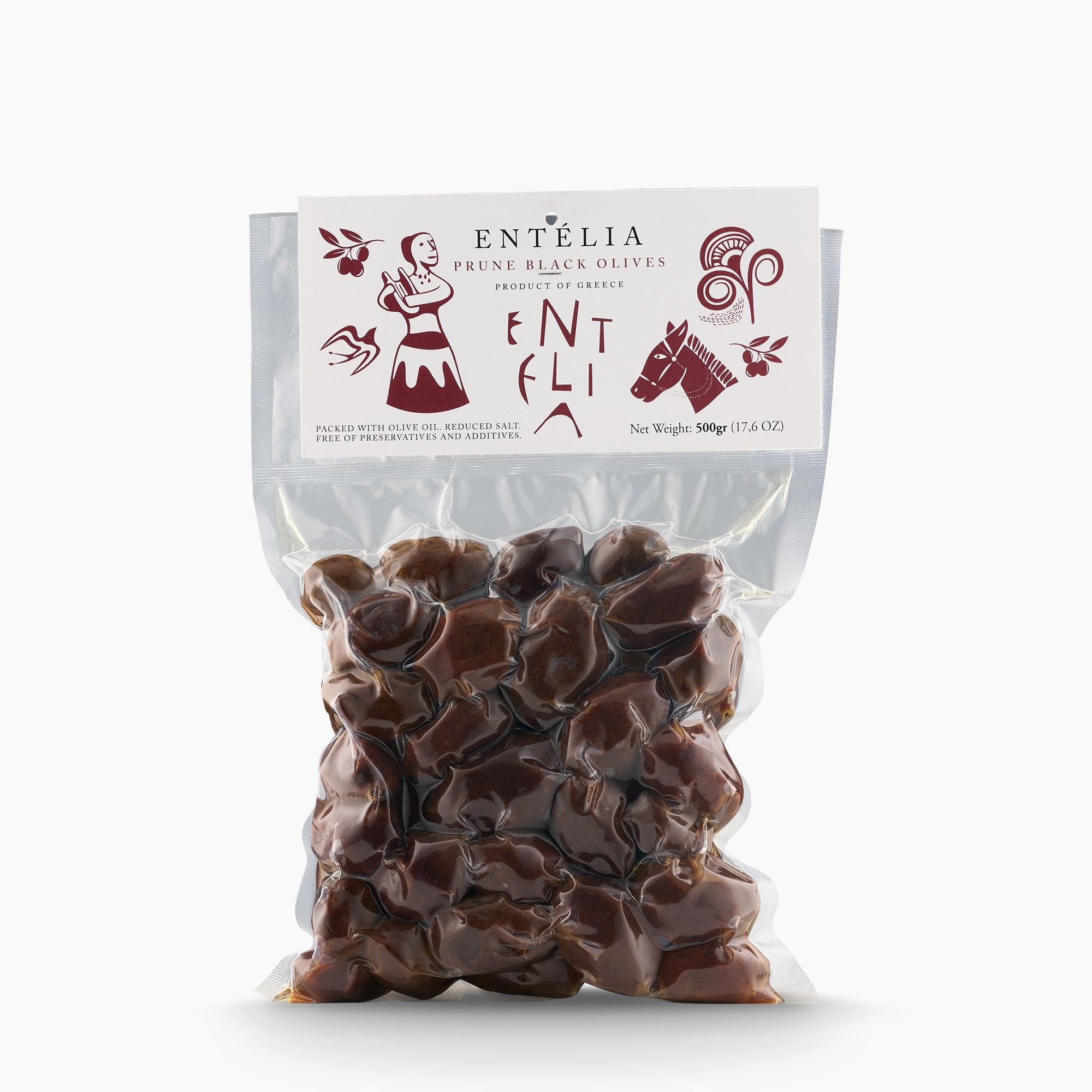 500gr vacuum bag of Entelia Prune Black Olives from Greece.