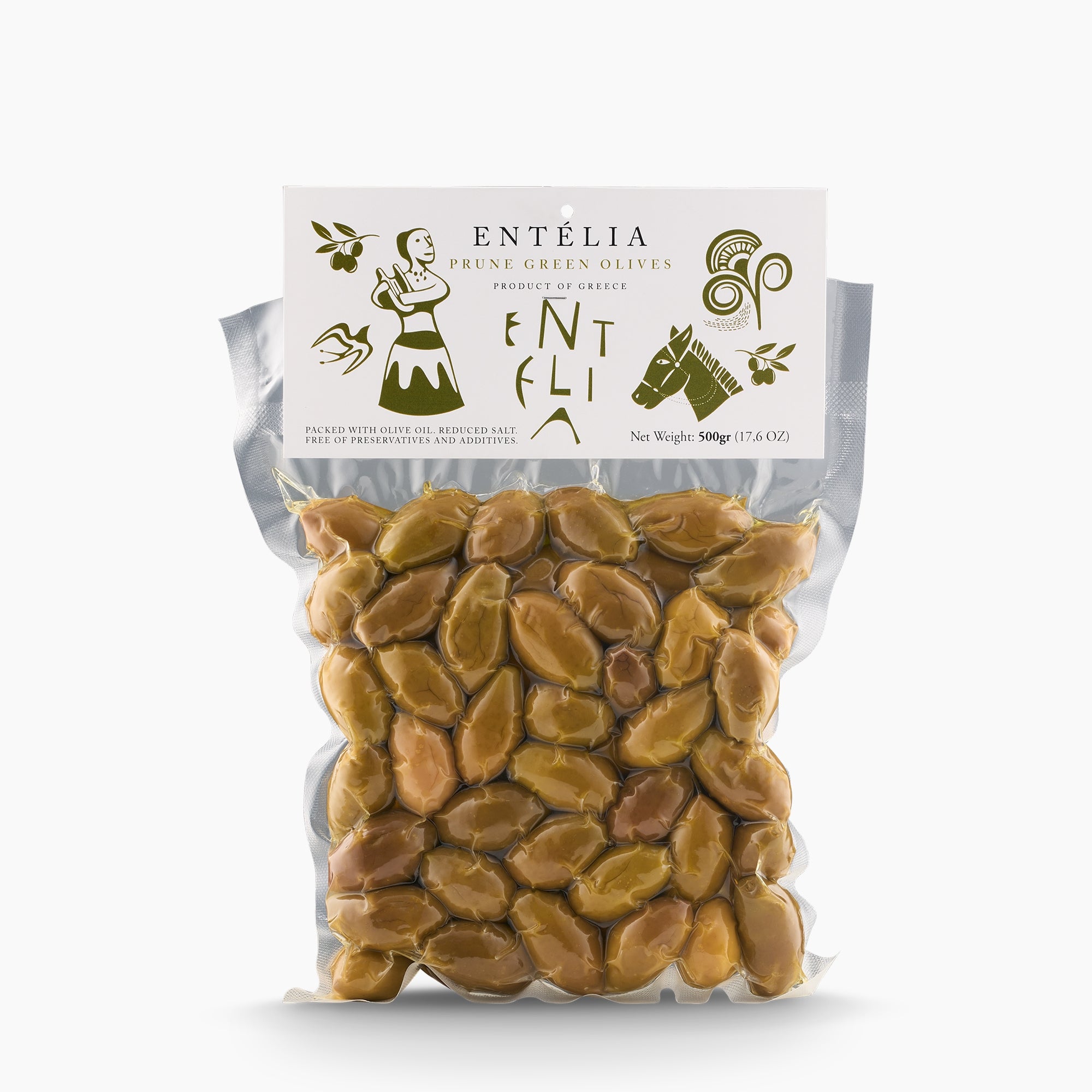 500gr vacuum bag of Entelia Prune Green Olives from Greece.