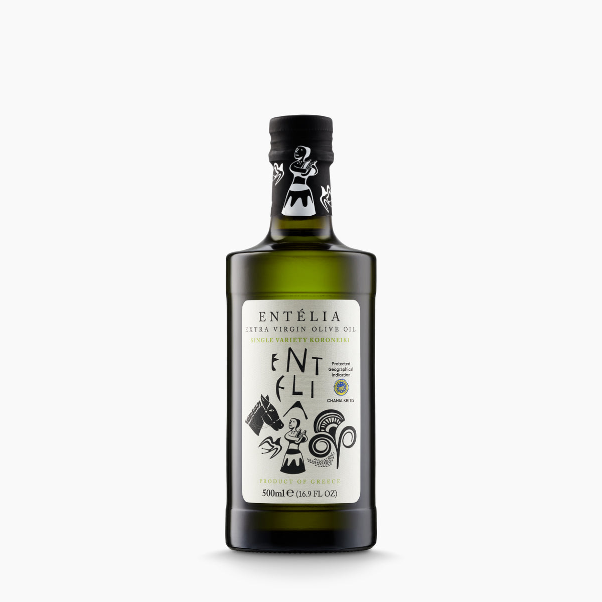 500ml Entelia single-variety Koroneiki extra virgin olive oil bottle.