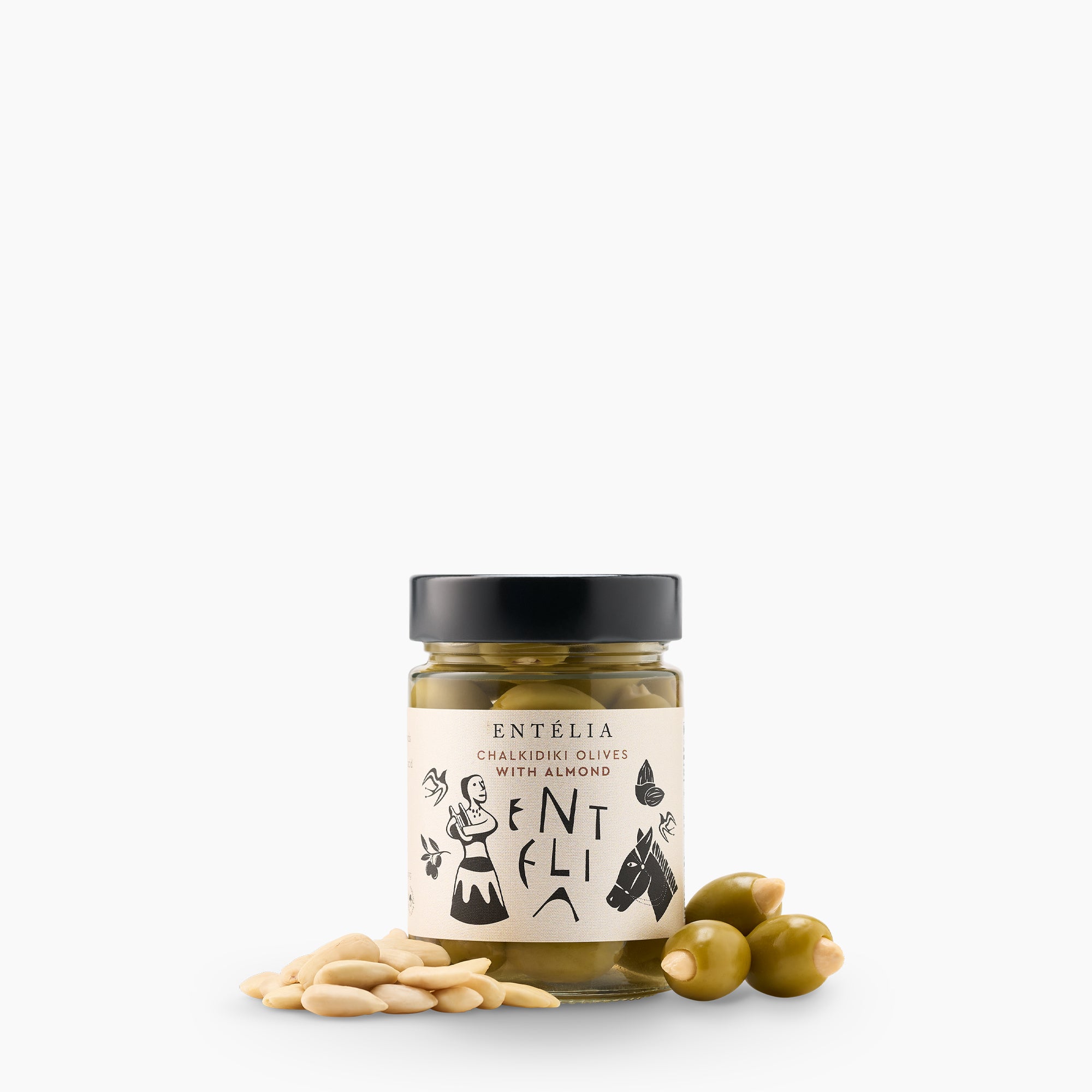 Entelia Chalkidiki Olives with Almonds 360g jar surrounded by almonds and stuffed green olives.
