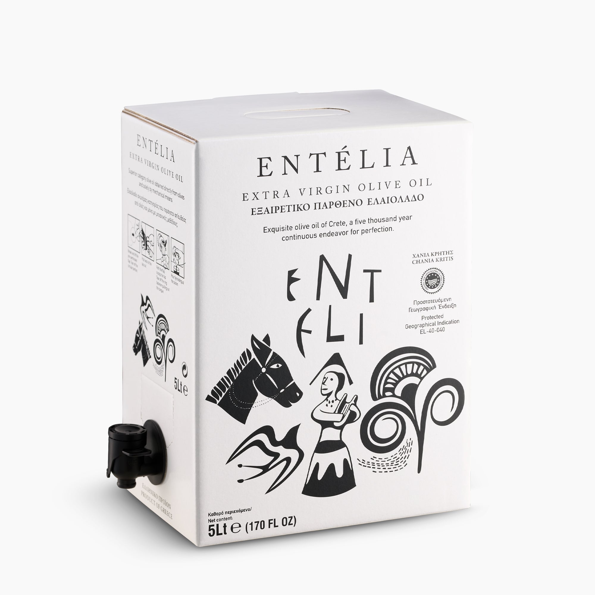 Entelia 5L bag-in-box extra virgin olive oil with a spout.