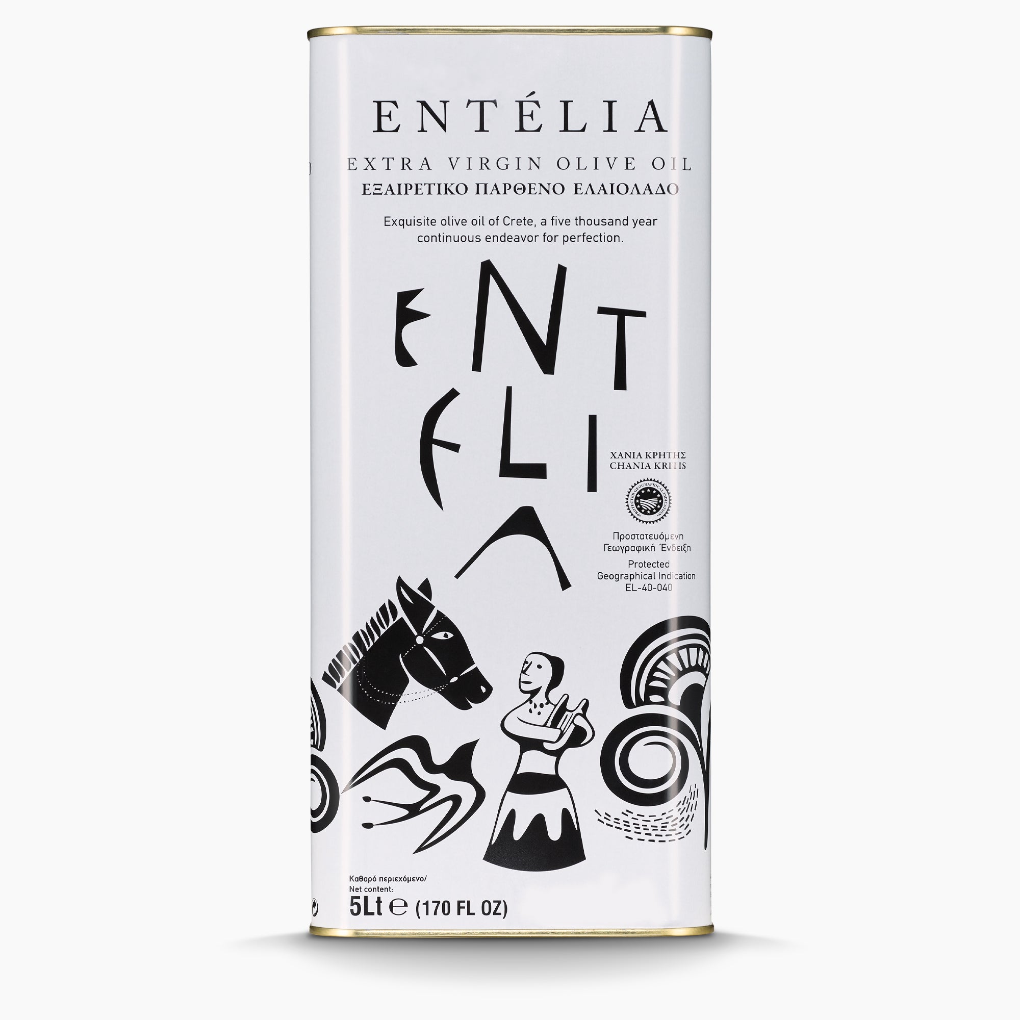 5L Tin of Entelia extra virgin olive oil from Crete, Greece.
