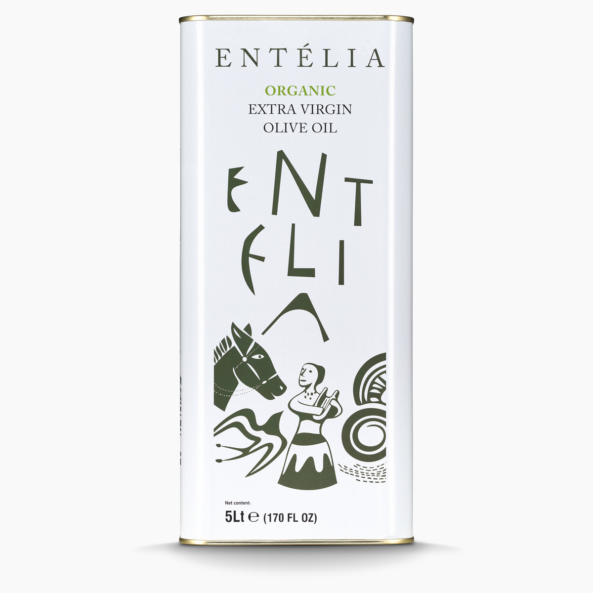 A 5L Tin of Entelia Organic extra virgin olive oil from Crete, Greece.